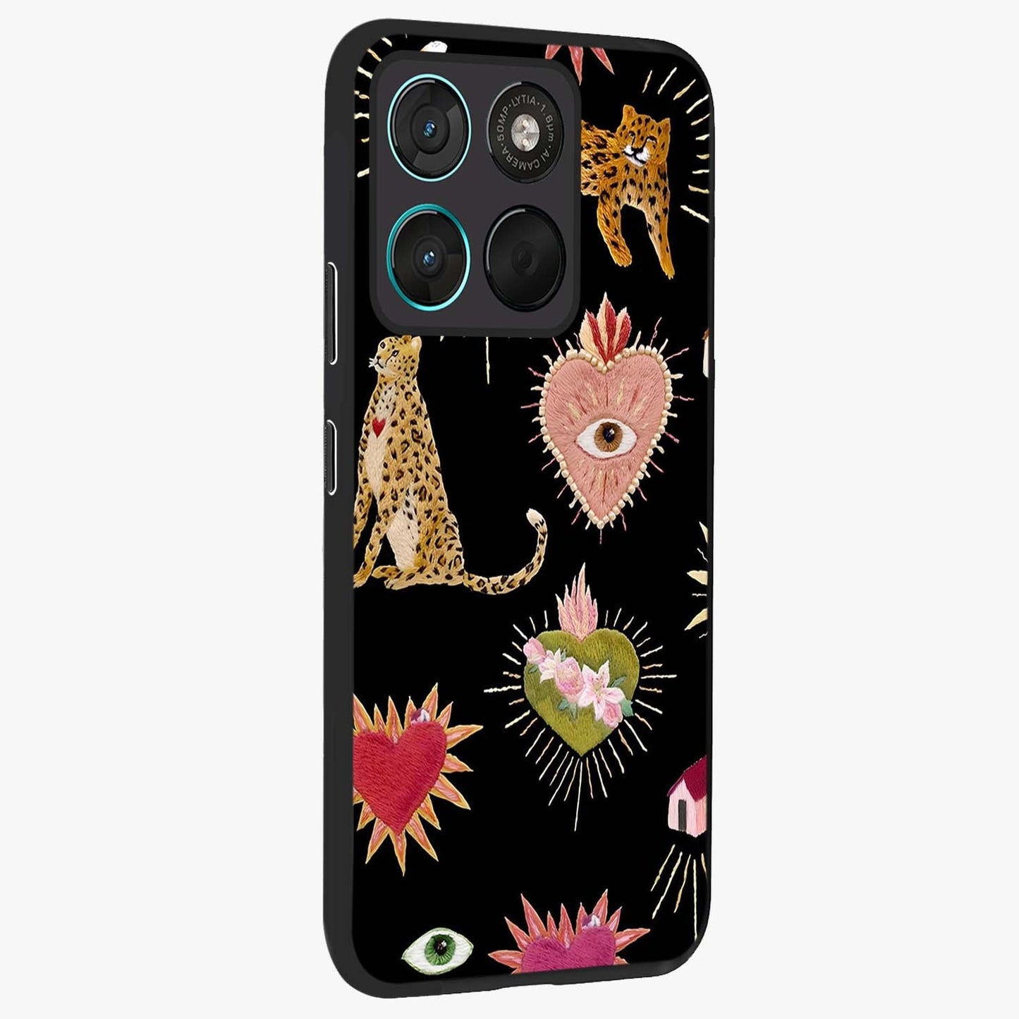 Sacred Jungle Heart Glass Case upright view showcasing vibrant jungle artwork with symbolic heart theme.