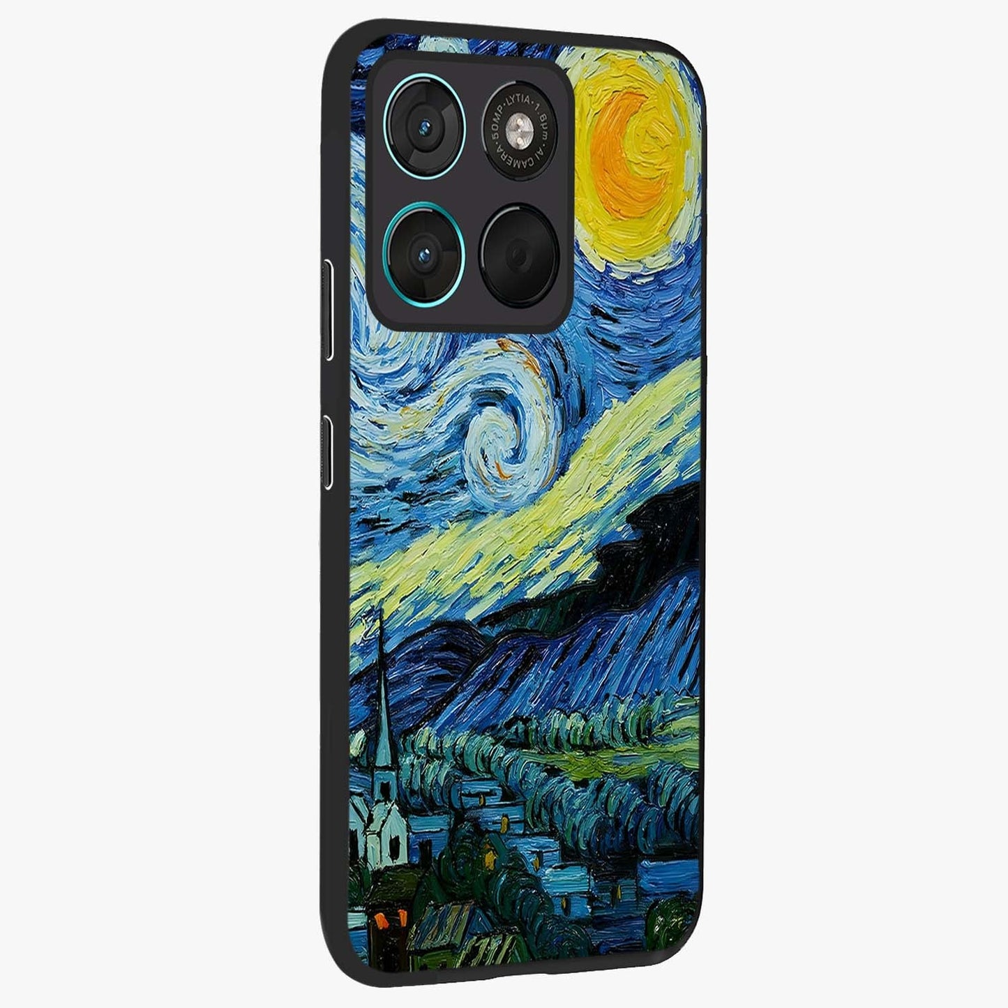 Van Gogh Art Glass Case upright view showcasing expressive painting style artwork with timeless artistic theme.