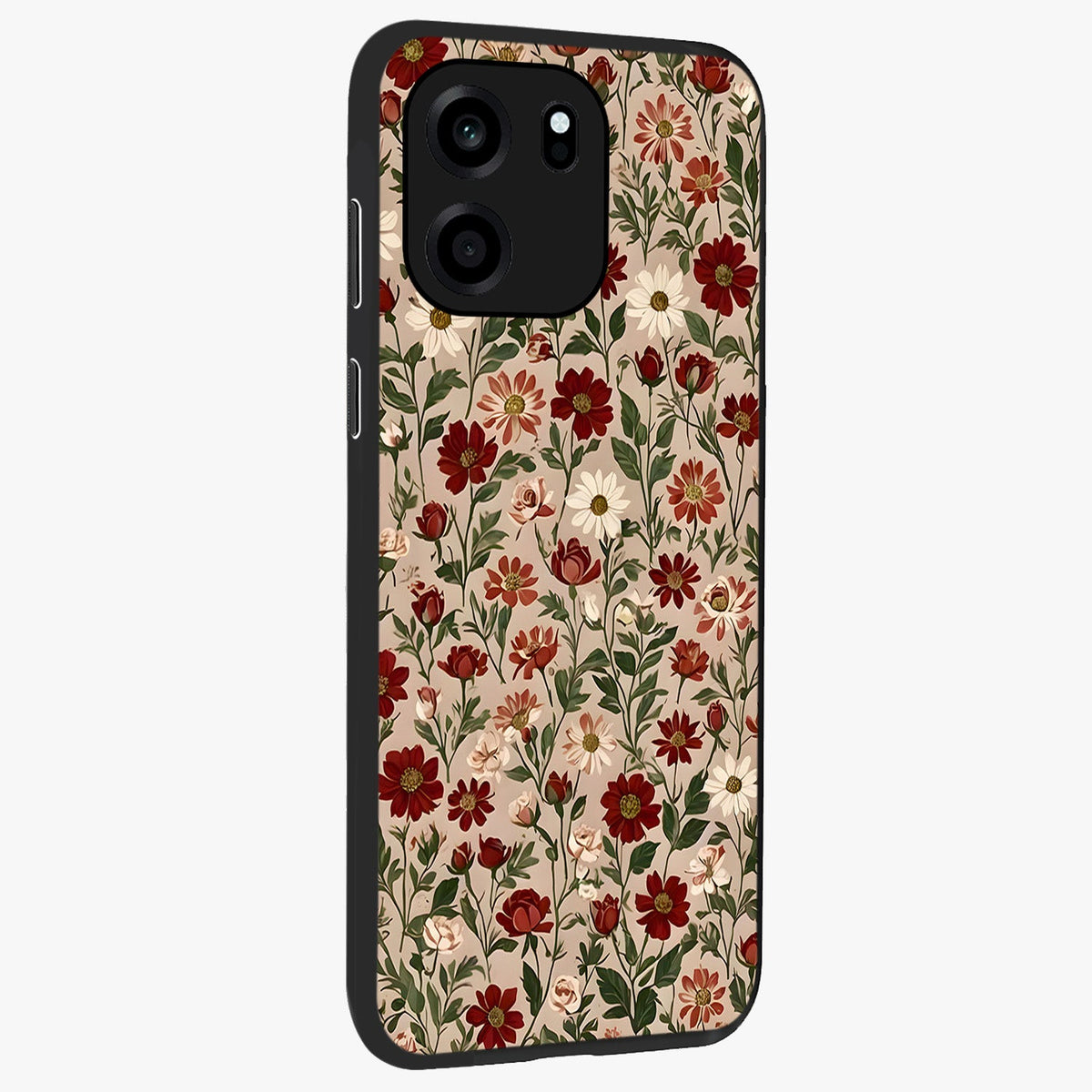 Biege Flower With Leaf Glass Case upright view showcasing delicate beige flower illustration with clean botanical style.