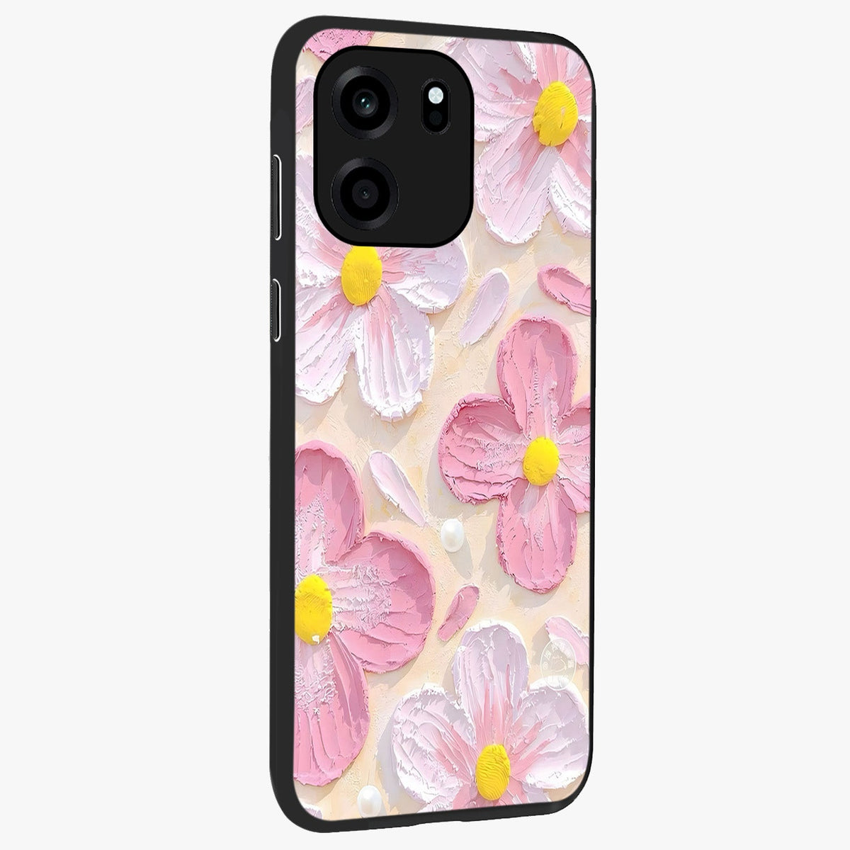 Blush Bloom Texture Glass Case upright view showcasing delicate blush floral texture with modern minimal style.