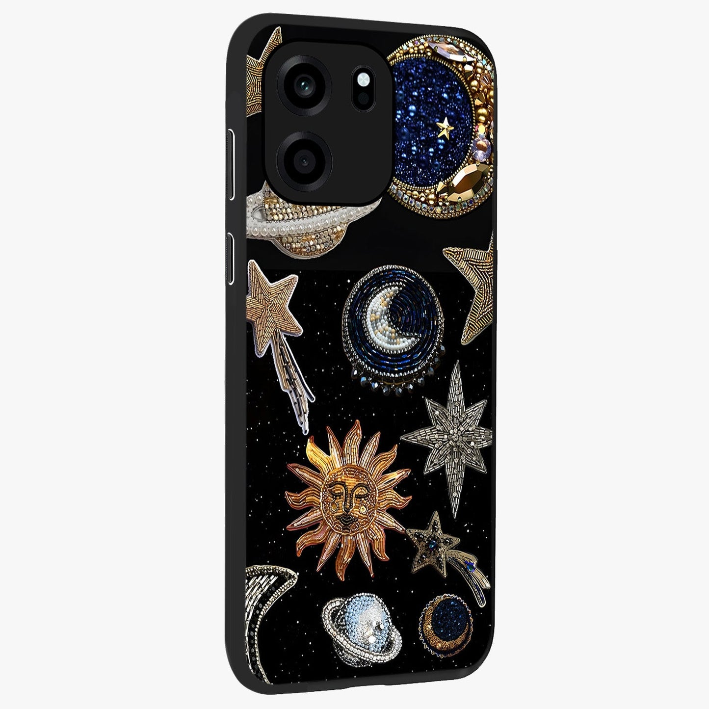 Celestial Gem Constellations Glass Case upright view showcasing cosmic constellation artwork with celestial aesthetic style.