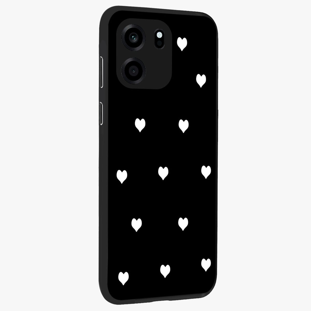 Cute And Simple White Hearts Glass Case upright view showcasing simple white hearts artwork with soft minimal theme.