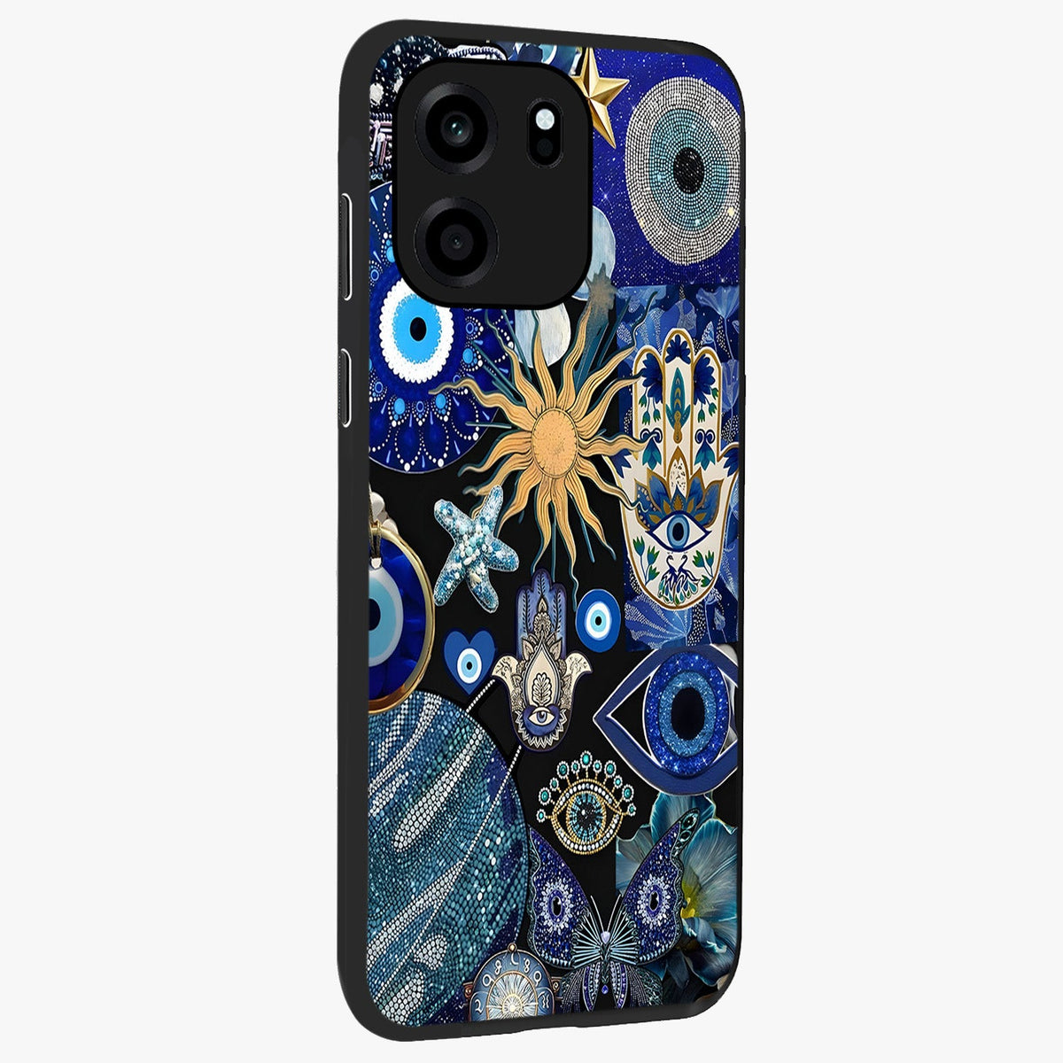 Evil Eye Charm Mix Glass Case upright view showcasing mystical evil eye pattern with vibrant decorative style.