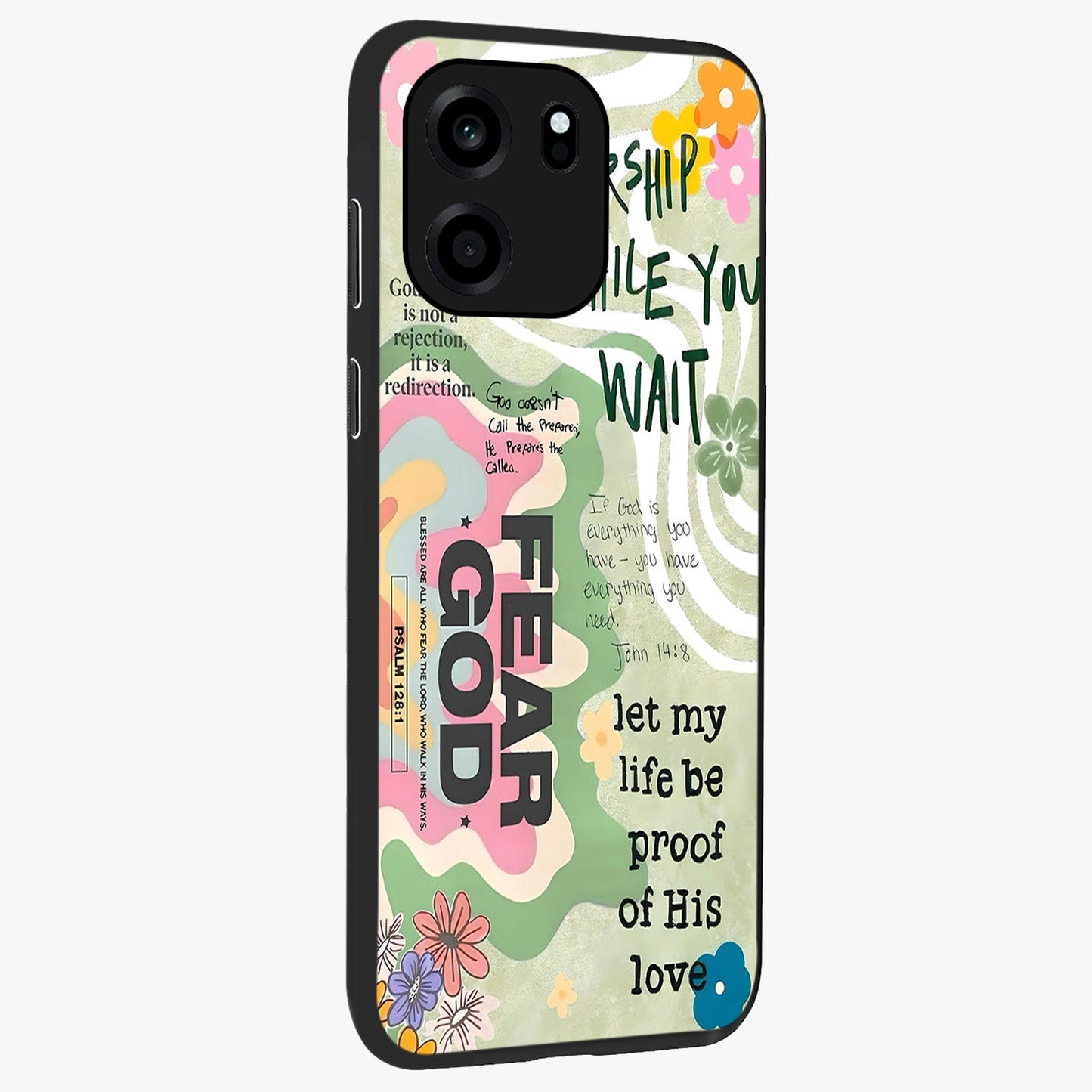 Faith Over Fear Glass Case upright view showcasing bold typography artwork with uplifting motivational theme.