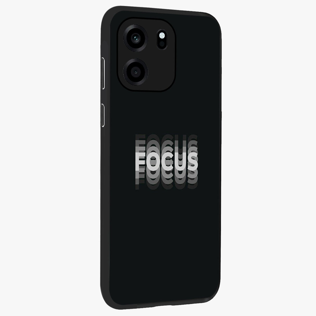 Focus Mode On Glass Case upright view showcasing strong typography statement with sleek motivational theme.