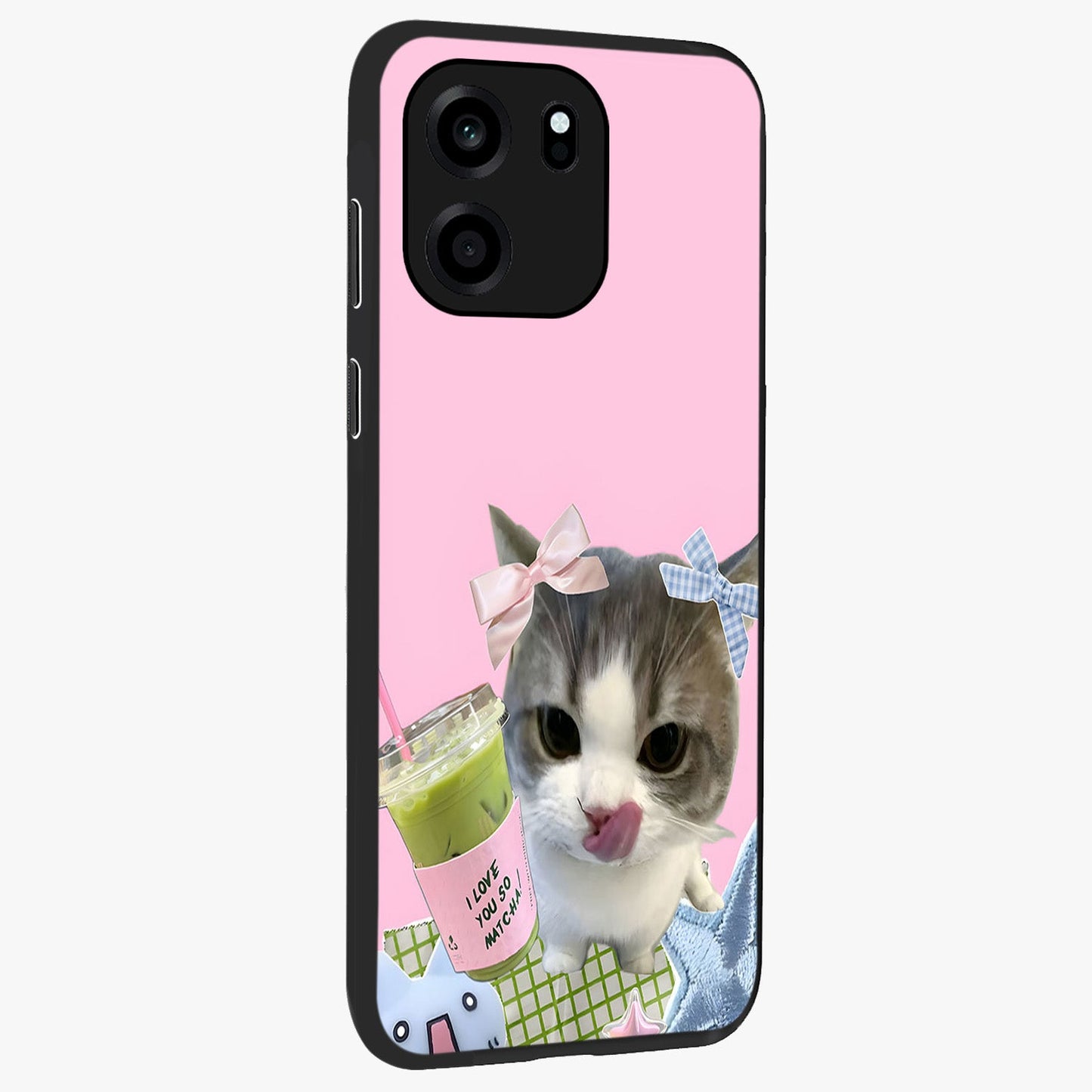 Love Matcha Cat Glass Case upright view showcasing adorable cat artwork with charming matcha themed design.