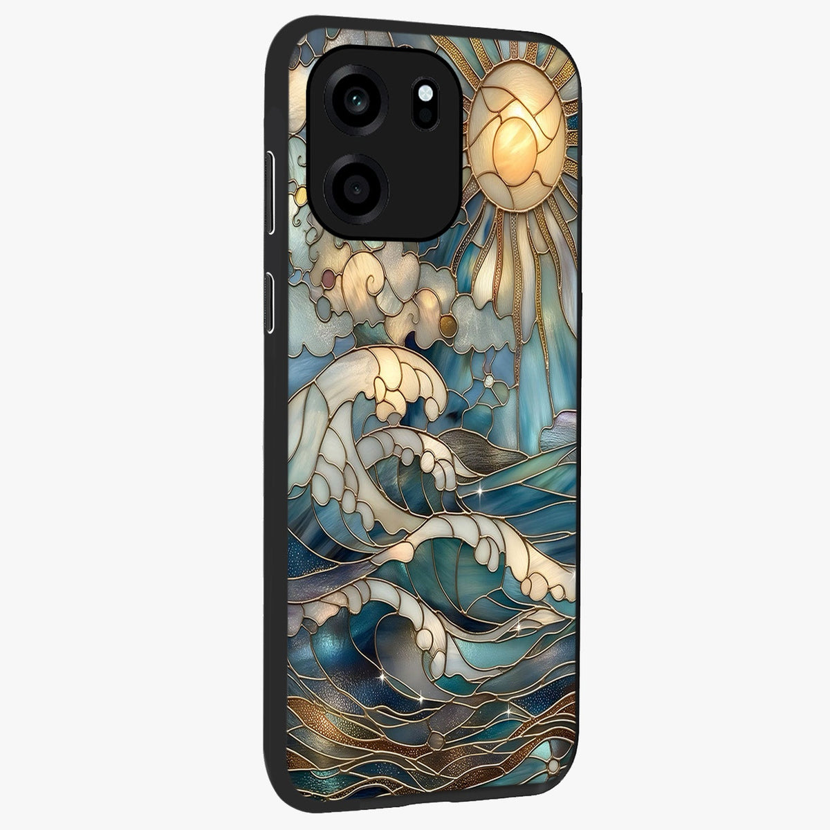 Oceanic Stained Printed Glass Case upright view showcasing decorative ocean pattern artwork with vibrant marine theme.