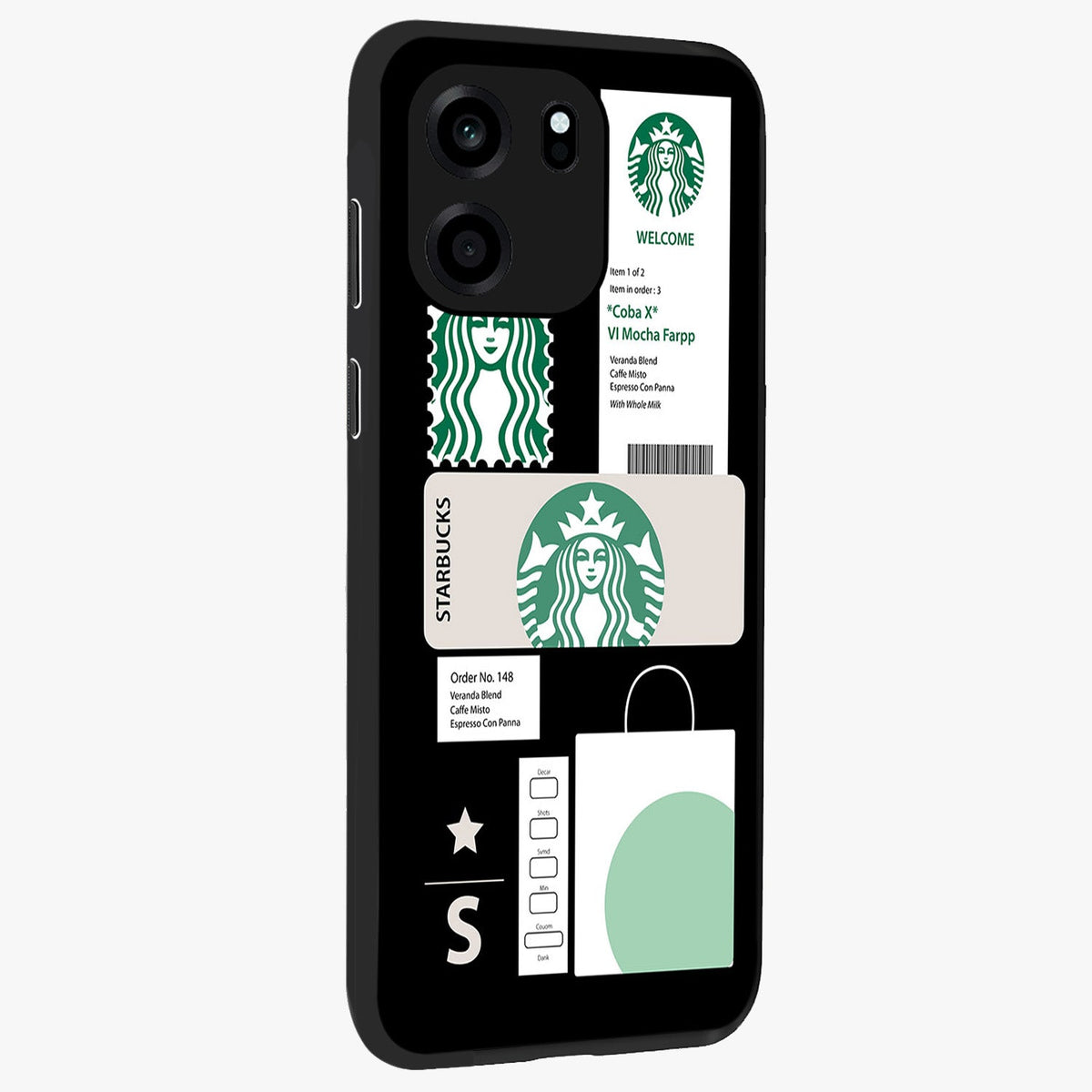 Starbucks Mocha Glass Case upright view showcasing trendy coffee inspired artwork with modern lifestyle theme.