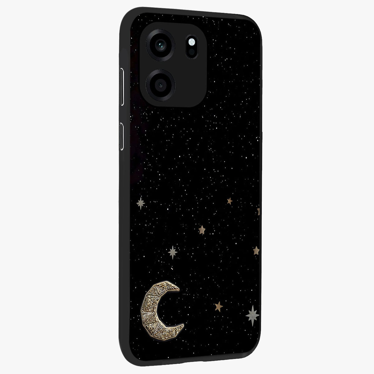 Twinkle Star With Half Moon Glass Case upright view showcasing glowing cosmic artwork with dreamy night theme.