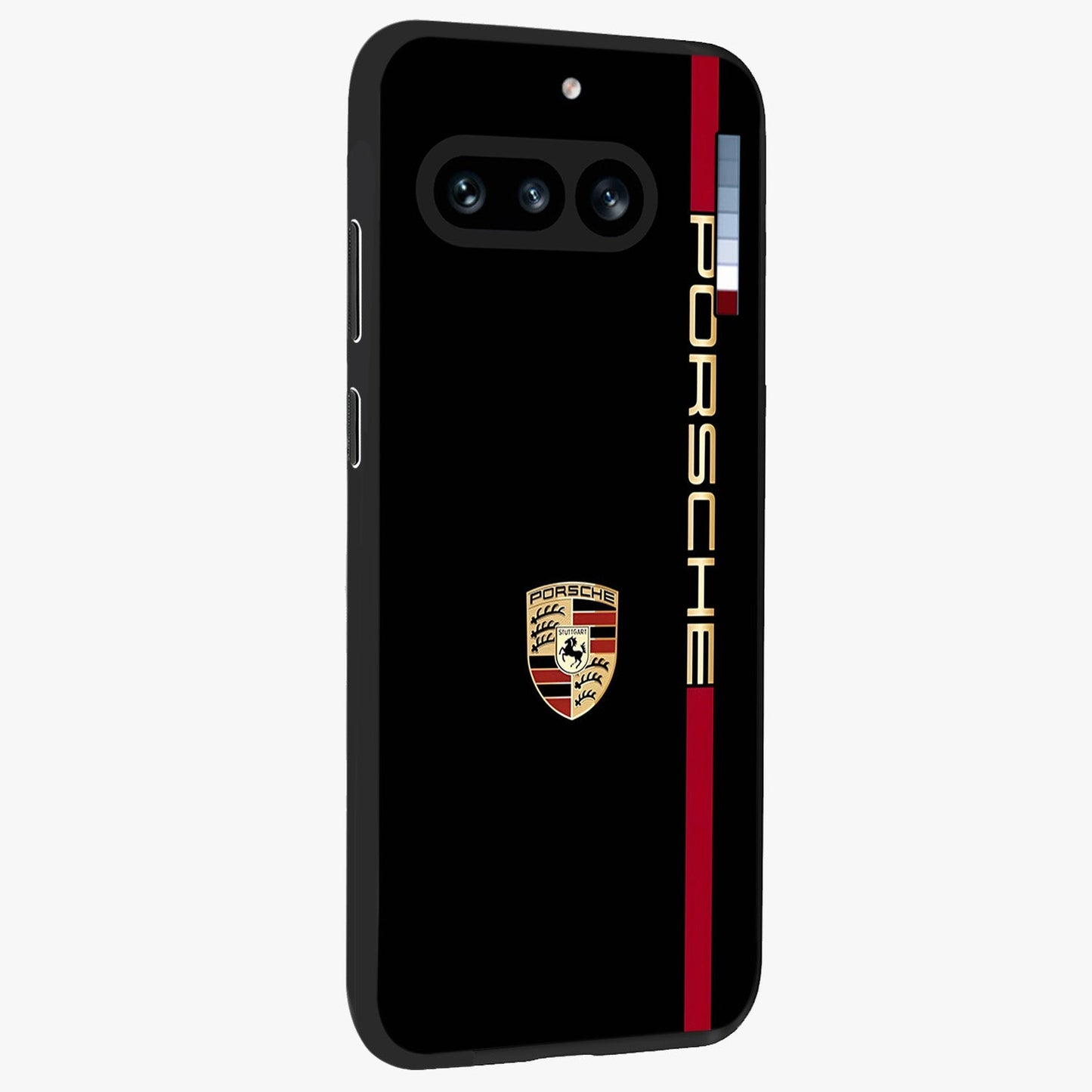 Black Minimal Porsche Glass Case upright view showcasing stylish automotive artwork with bold minimal theme.