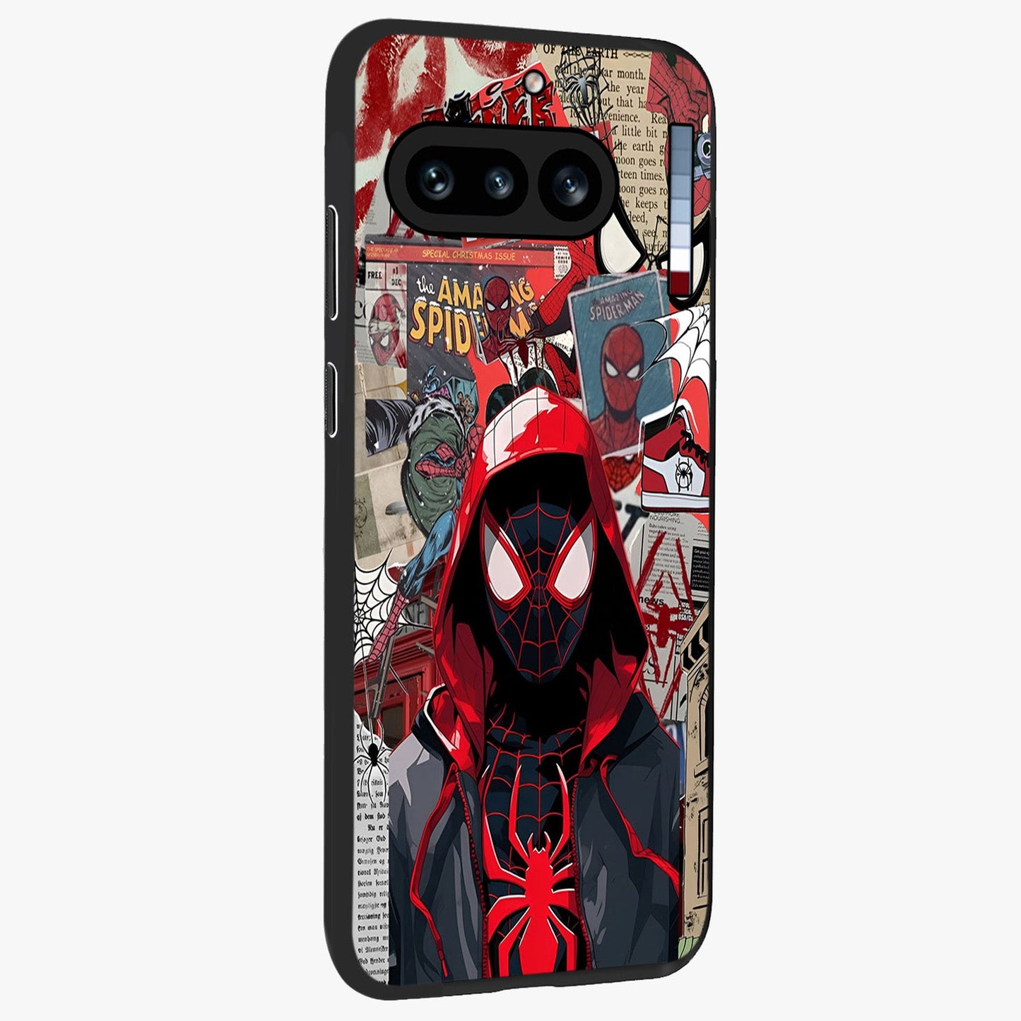 Spider Collage Street Glass Case upright view showcasing bold superhero artwork with urban street theme.