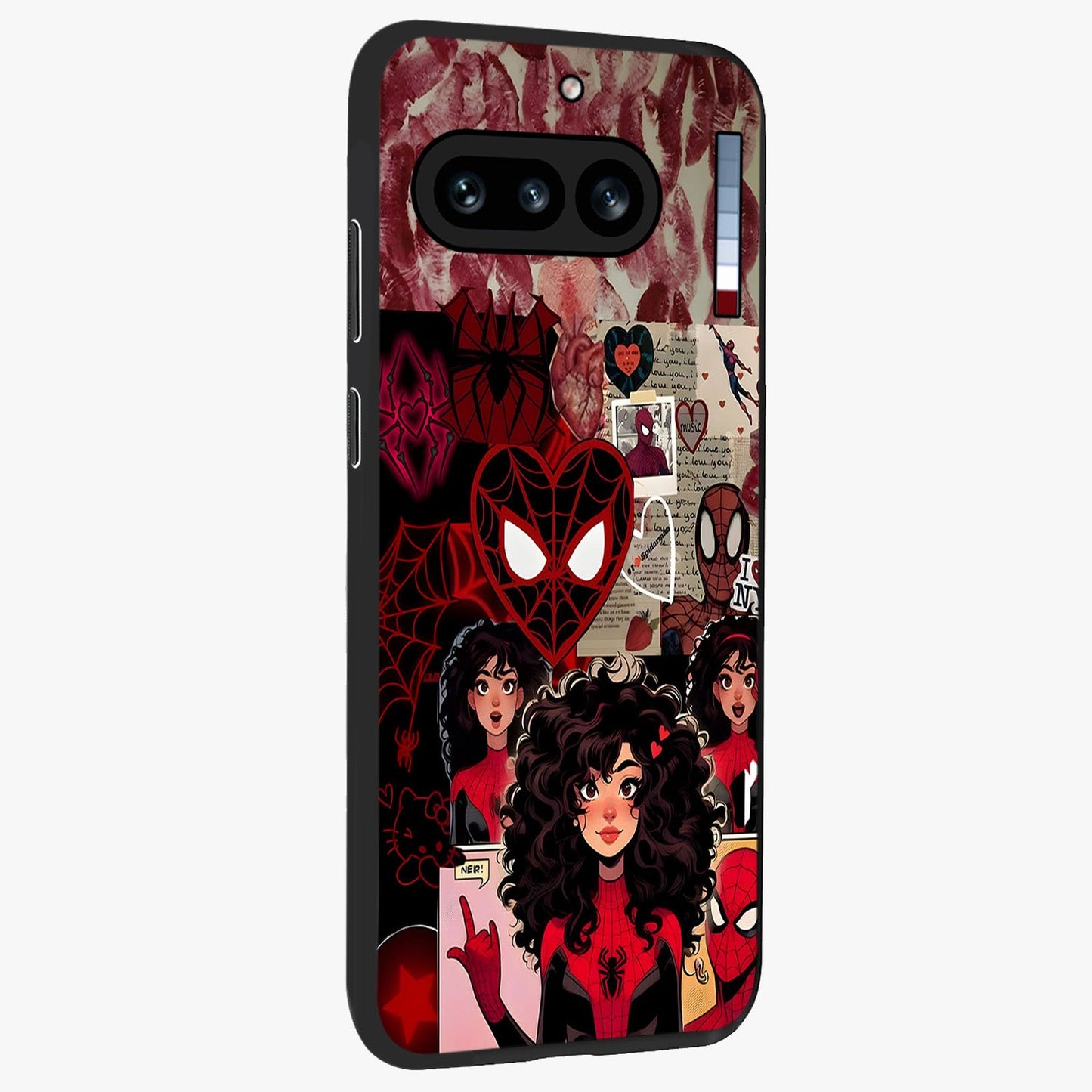 Spider Love Story Glass Case upright view showcasing charming superhero artwork with romantic comic theme.