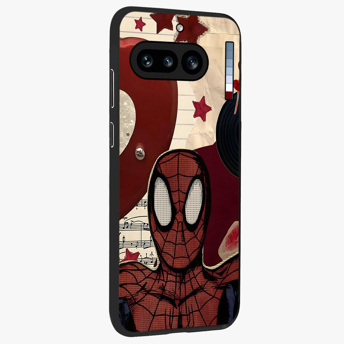 Web Warrior Vibes Glass Case upright view showcasing energetic superhero artwork with bold action theme.