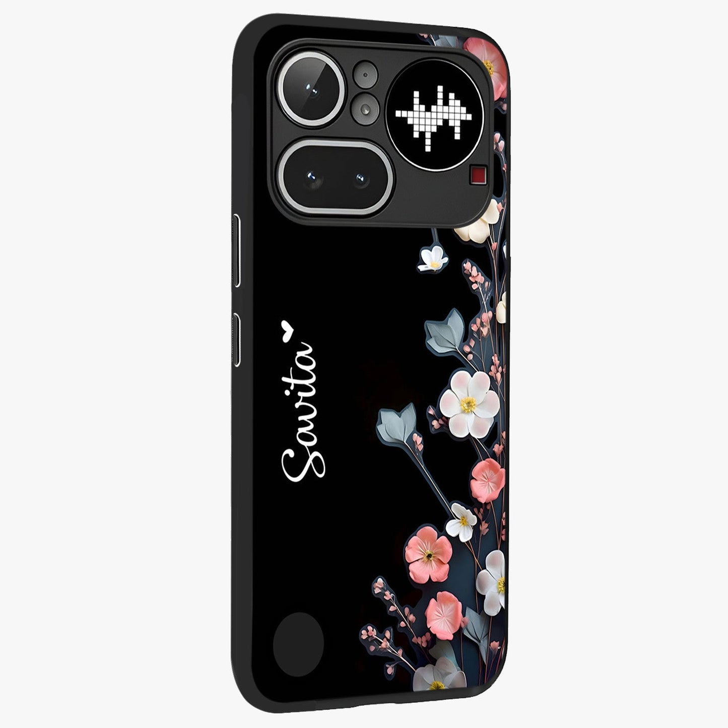 Black Elegance Floral Custom Name Glass Case upright view showcasing luxurious black floral design with personalized name detail.