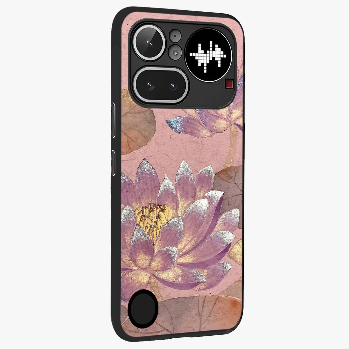 Blossom Mist Lotus Glass Case upright view showcasing graceful lotus flower design with peaceful botanical style.