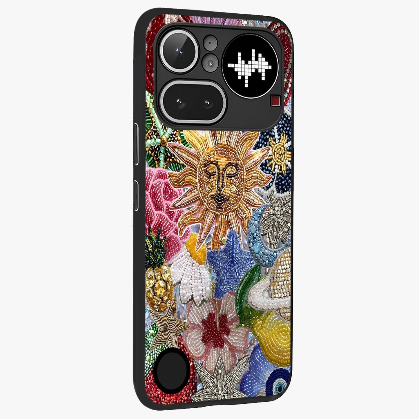 Celestial Floral and Playful Glass Case upright view showcasing whimsical floral artwork with cosmic aesthetic theme.