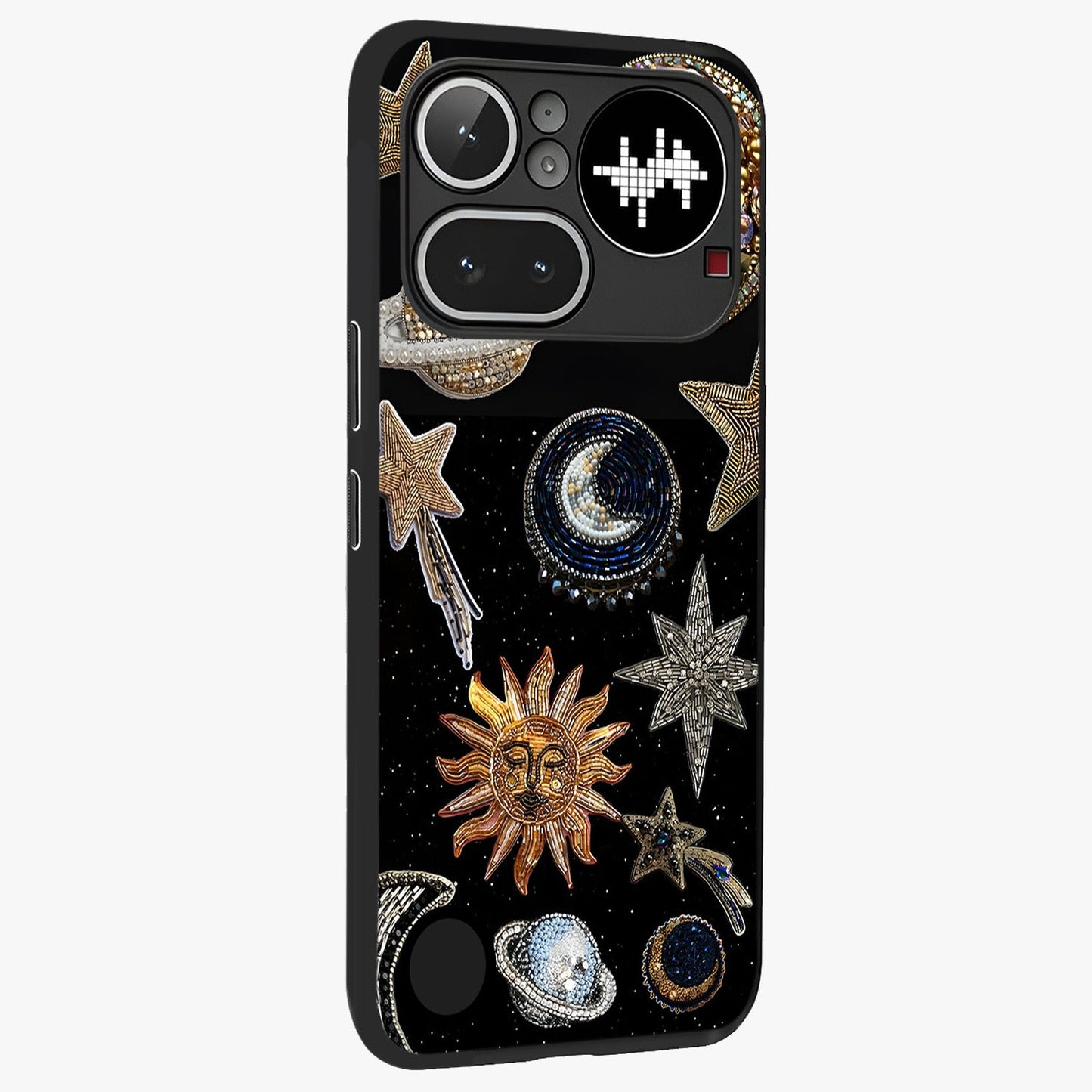 Celestial Gem Constellations Glass Case upright view showcasing cosmic constellation artwork with celestial aesthetic style.