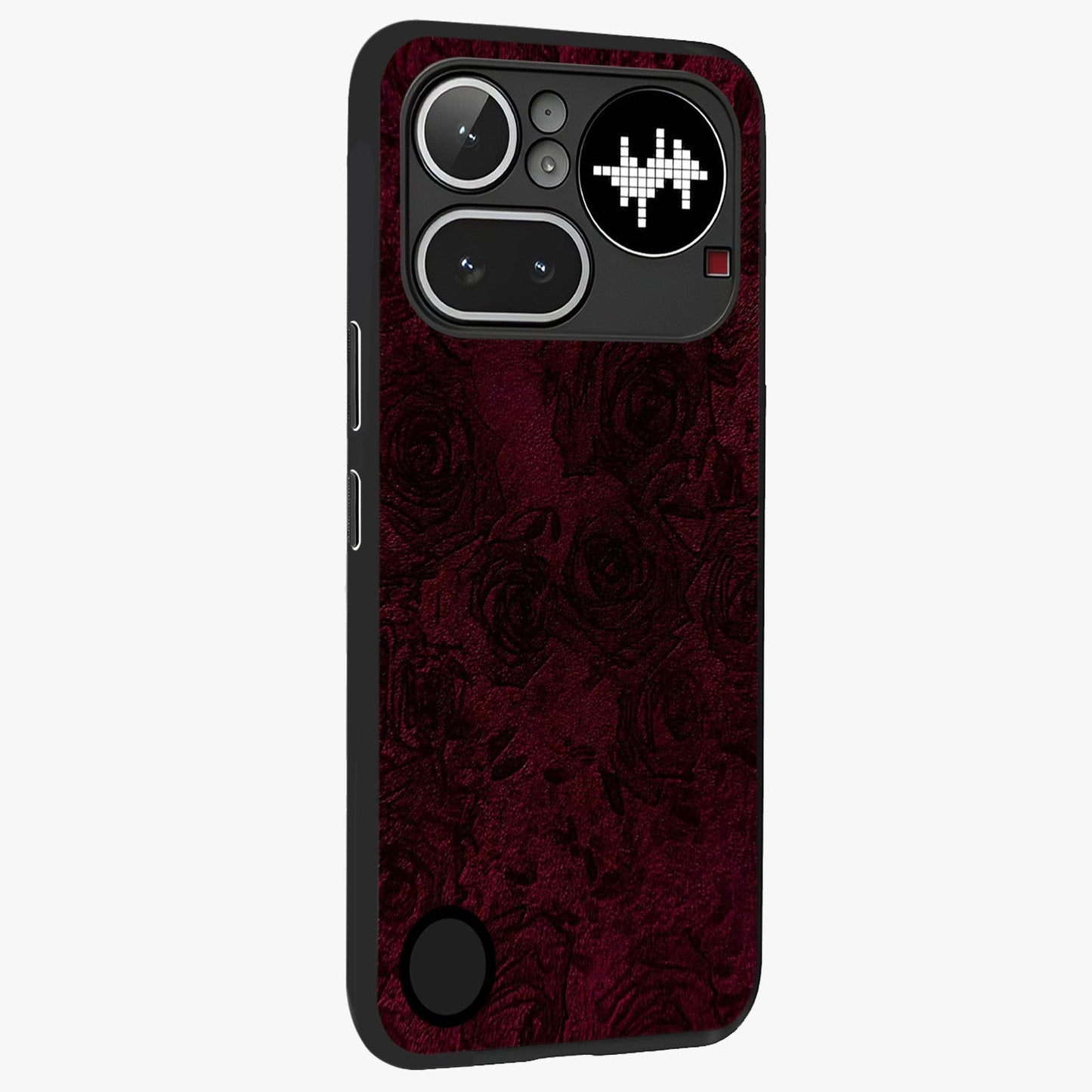 Crimson Fade Flow Glass Case upright view showcasing dynamic crimson flow artwork with stylish abstract theme.