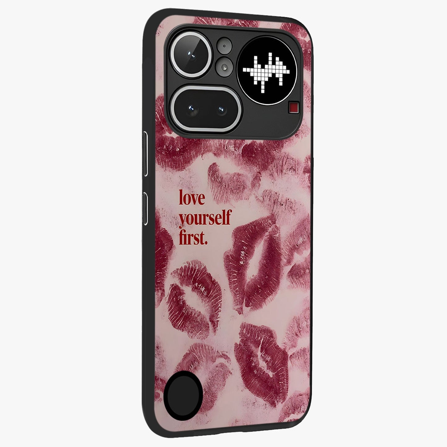 Crimson Kiss Love Glass Case upright view showcasing expressive romantic artwork with deep crimson theme.