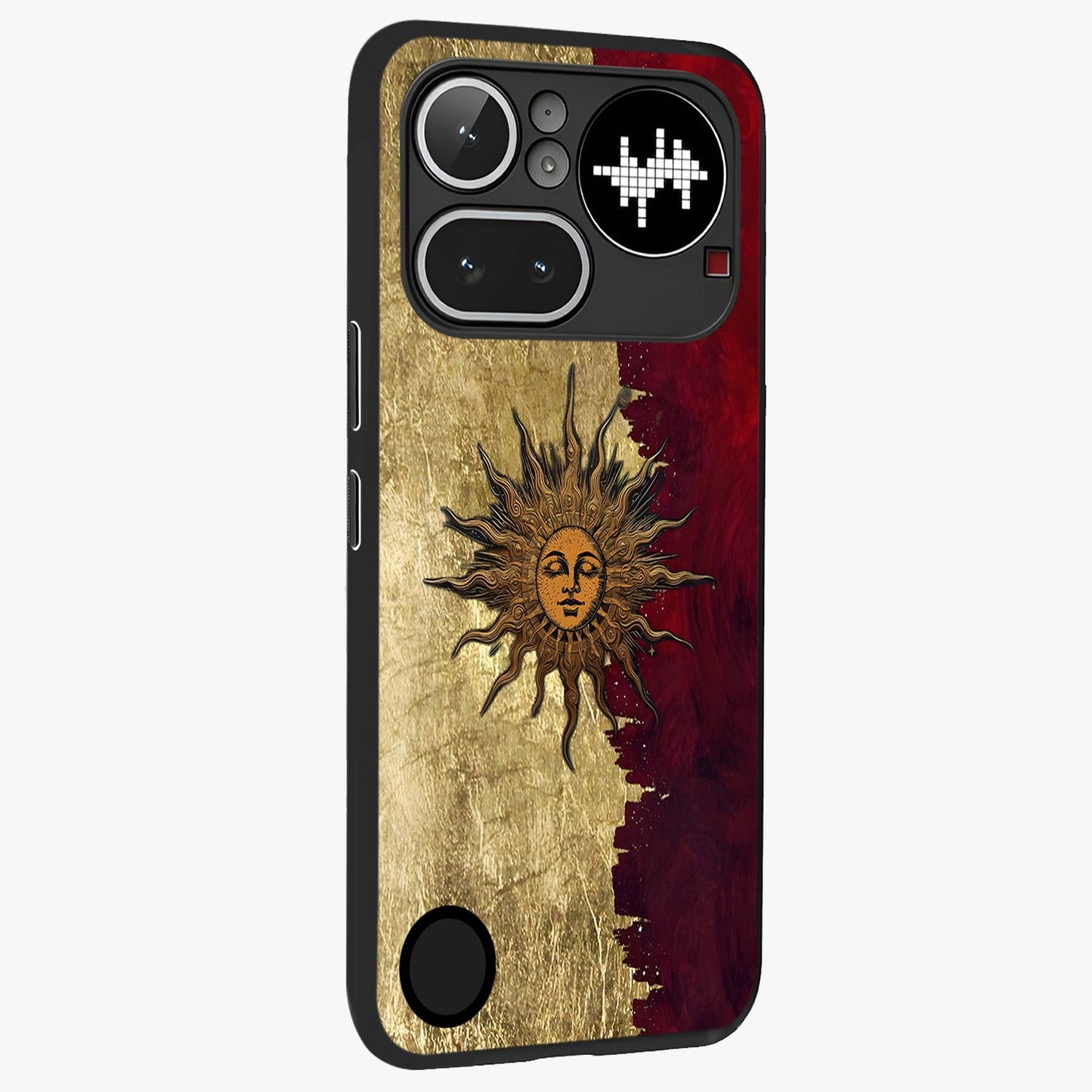 Crimson Sun Majesty Glass Case upright view showcasing vibrant sun artwork with powerful celestial theme.