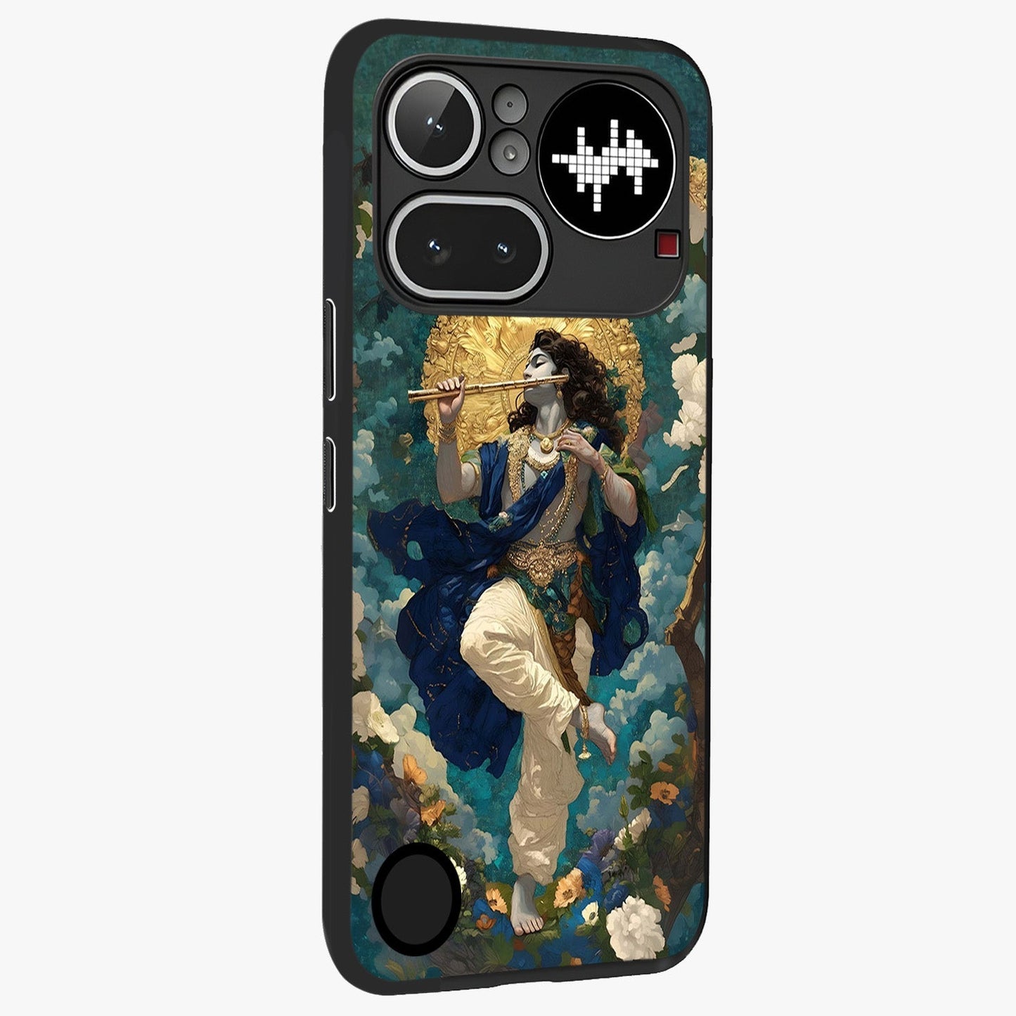 Divine Krishna Art Glass Case upright view showcasing divine Krishna artwork with sacred artistic theme.