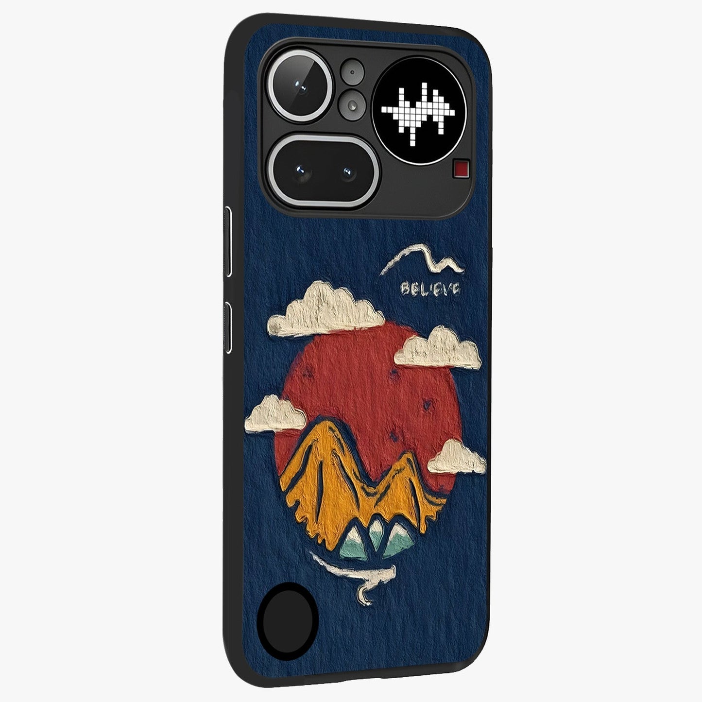 Dream Beyond Mountains Glass Case upright view showcasing beautiful mountain scenery with inspirational nature theme.