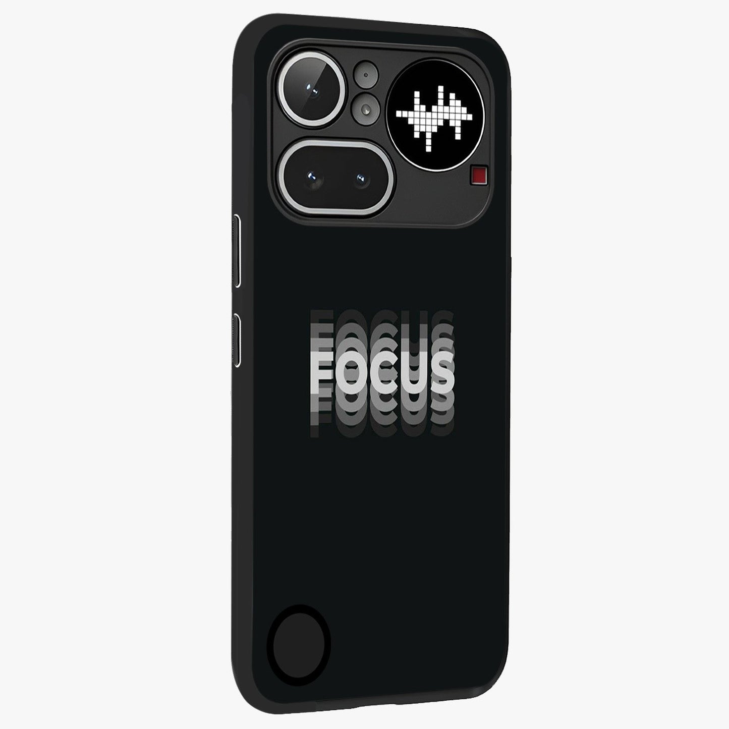 Focus Mode On Glass Case upright view showcasing strong typography statement with sleek motivational theme.