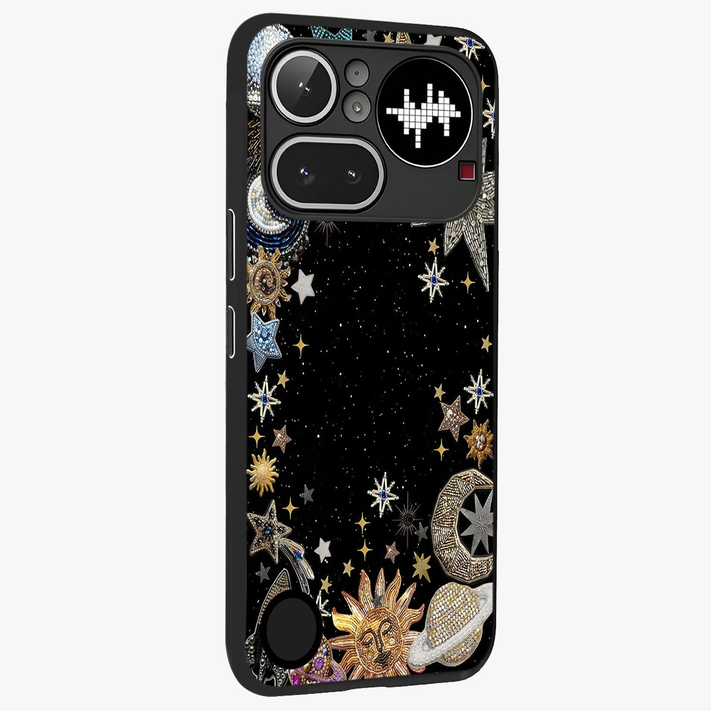 Galactic Jewel Stars Glass Case upright view showcasing glittering star jewel artwork with vibrant galaxy theme.