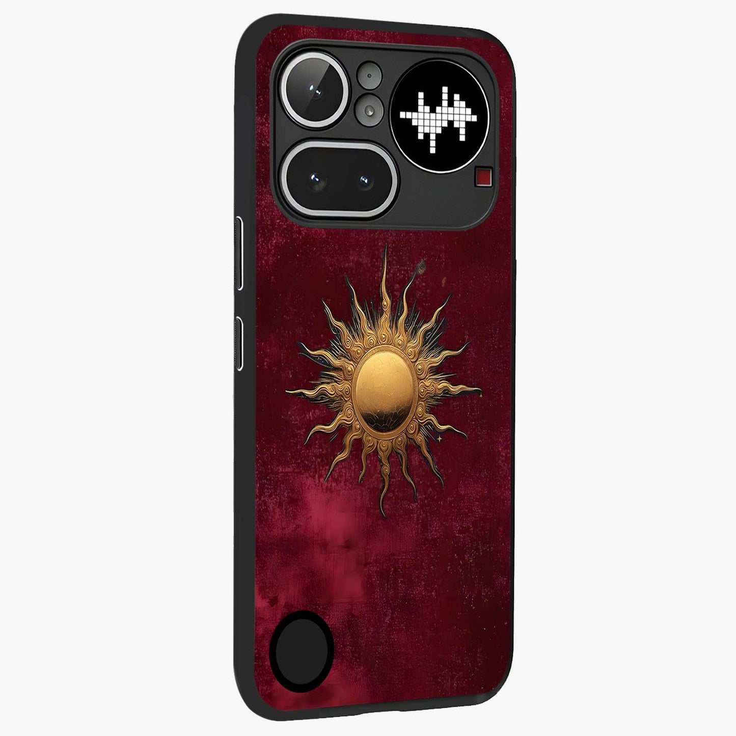 Golden Sun Minimalism Glass Case upright view showcasing simple golden sun artwork with elegant minimalist style.