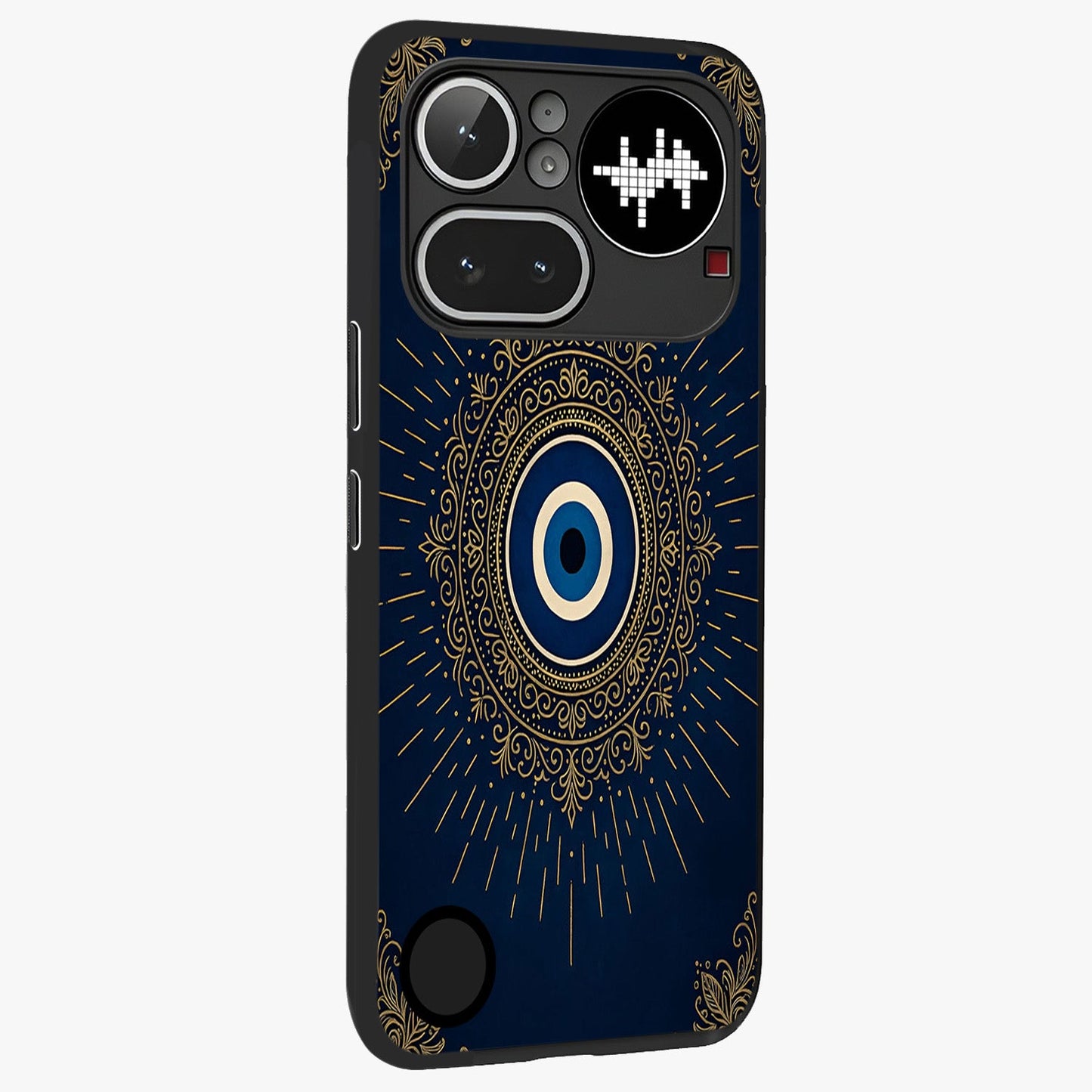 Golden Celestial Charm Glass Case upright view showcasing radiant celestial artwork with elegant golden theme.