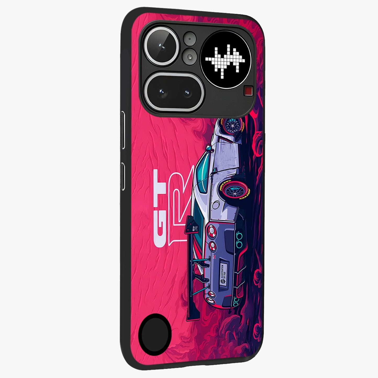 GT-R Car Pattern Glass Case upright view showcasing dynamic car pattern artwork with modern sports theme.
