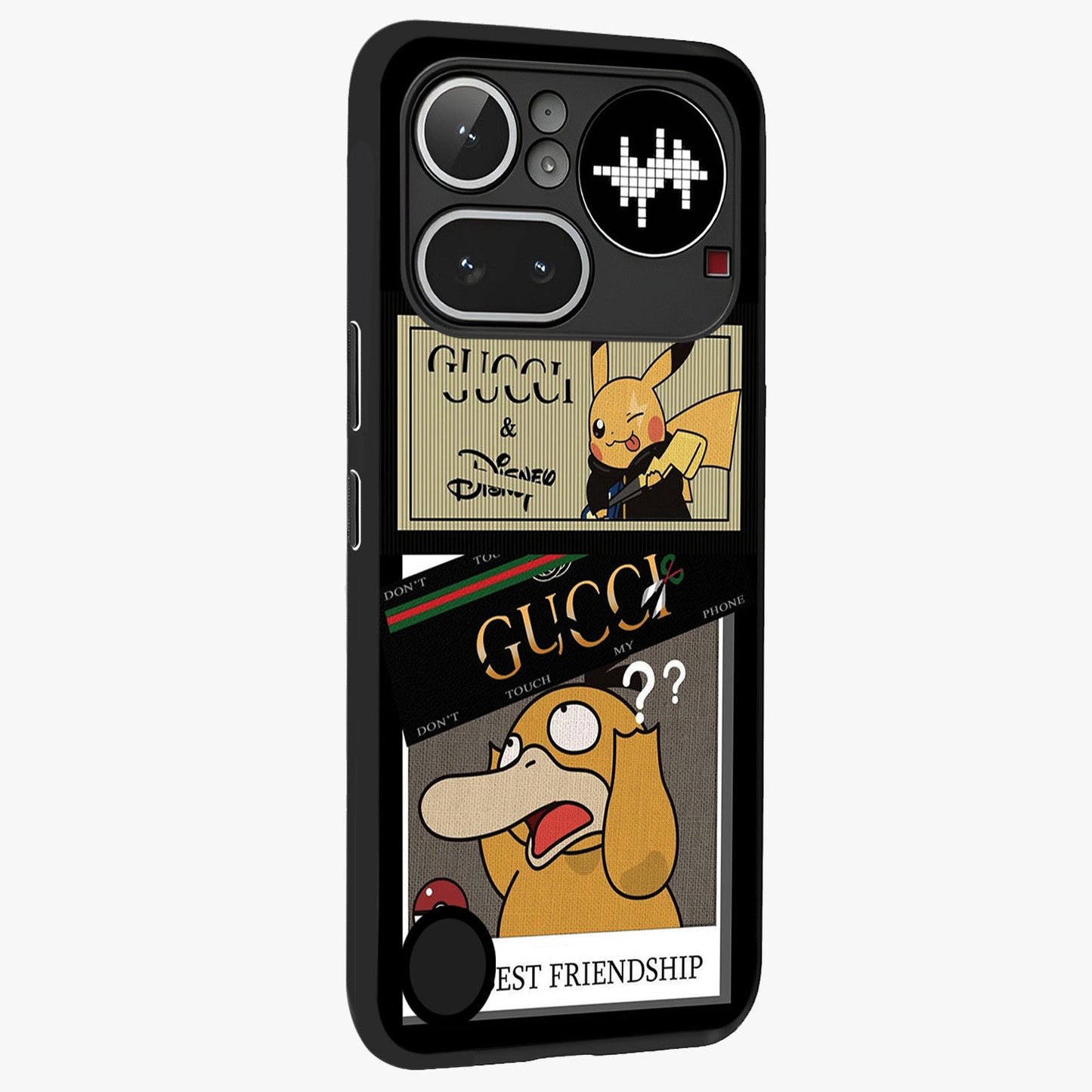 Gucci Play Mashup Glass Case upright view showcasing trendy luxury inspired artwork with modern fashion theme.