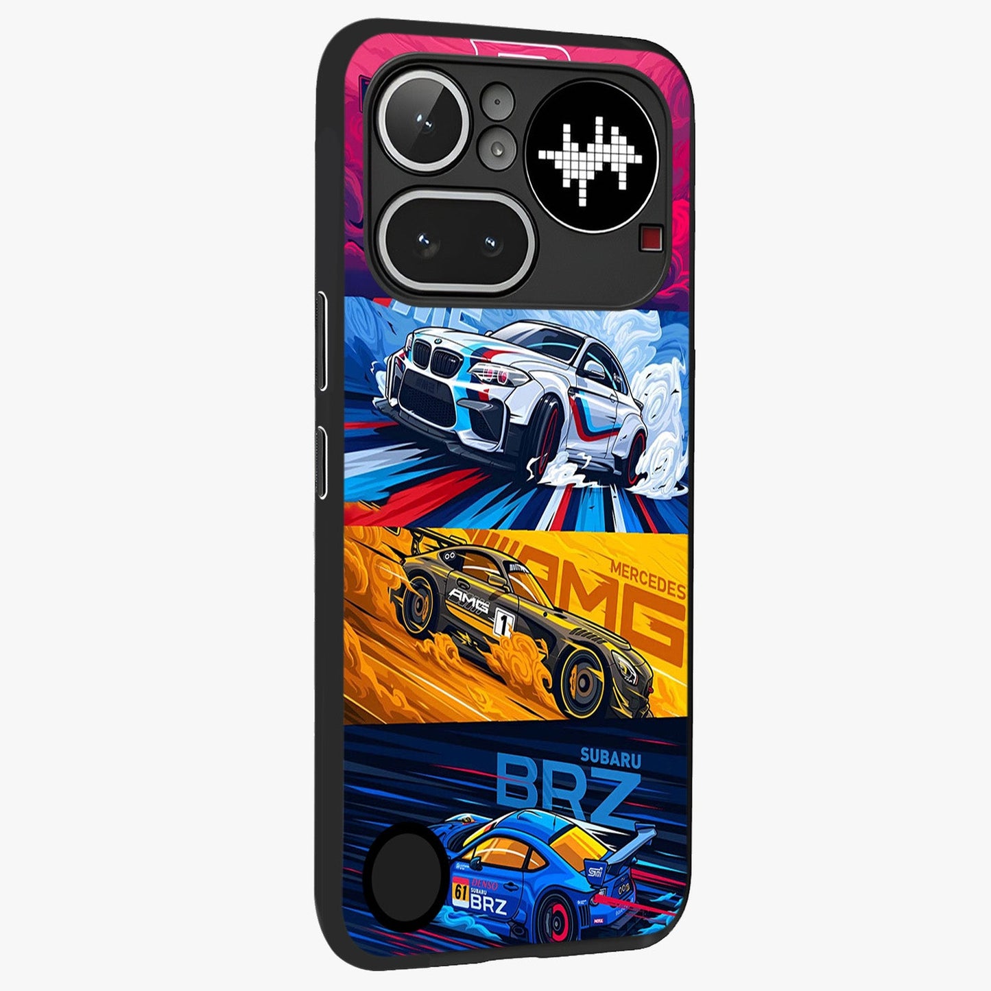 JDM Sports Car Glass Case upright view showcasing dynamic sports car artwork with bold racing theme.