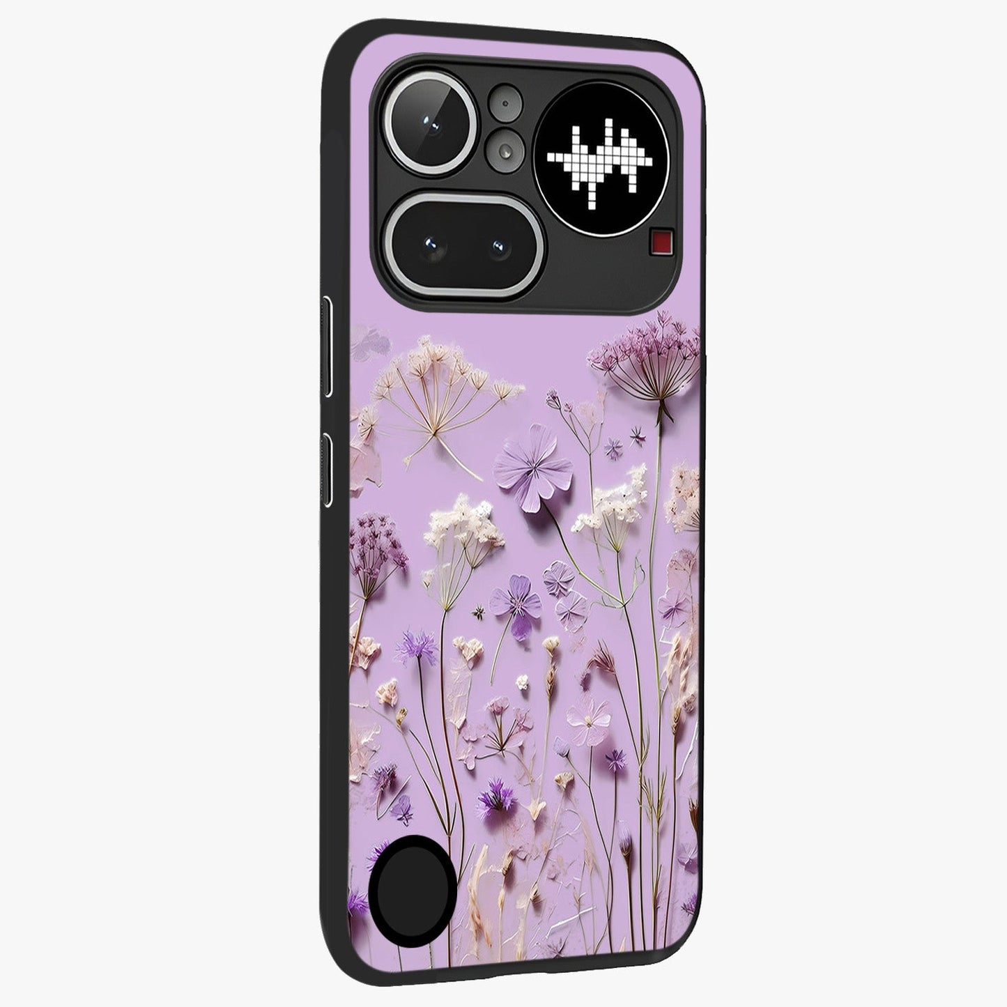 Lavender Blossom Dream Glass Case upright view showcasing delicate lavender blossom artwork with peaceful floral theme.