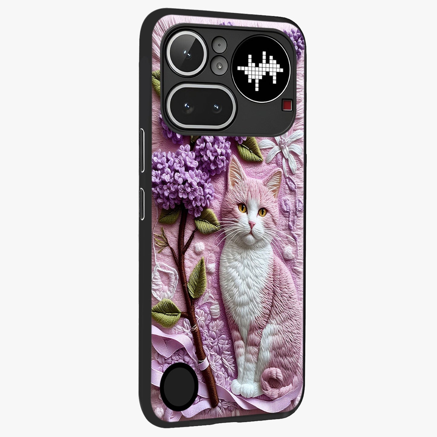 Lavender Cat Whimsy Glass Case upright view showcasing charming cat artwork with whimsical lavender theme.