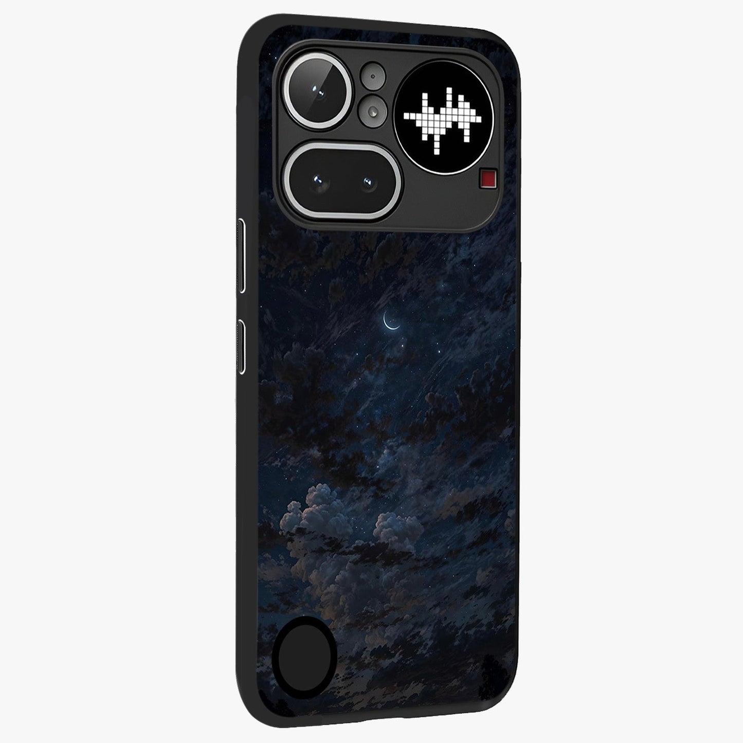 Lunar Veil Silence Glass Case upright view showcasing calm moon themed artwork with serene night atmosphere.