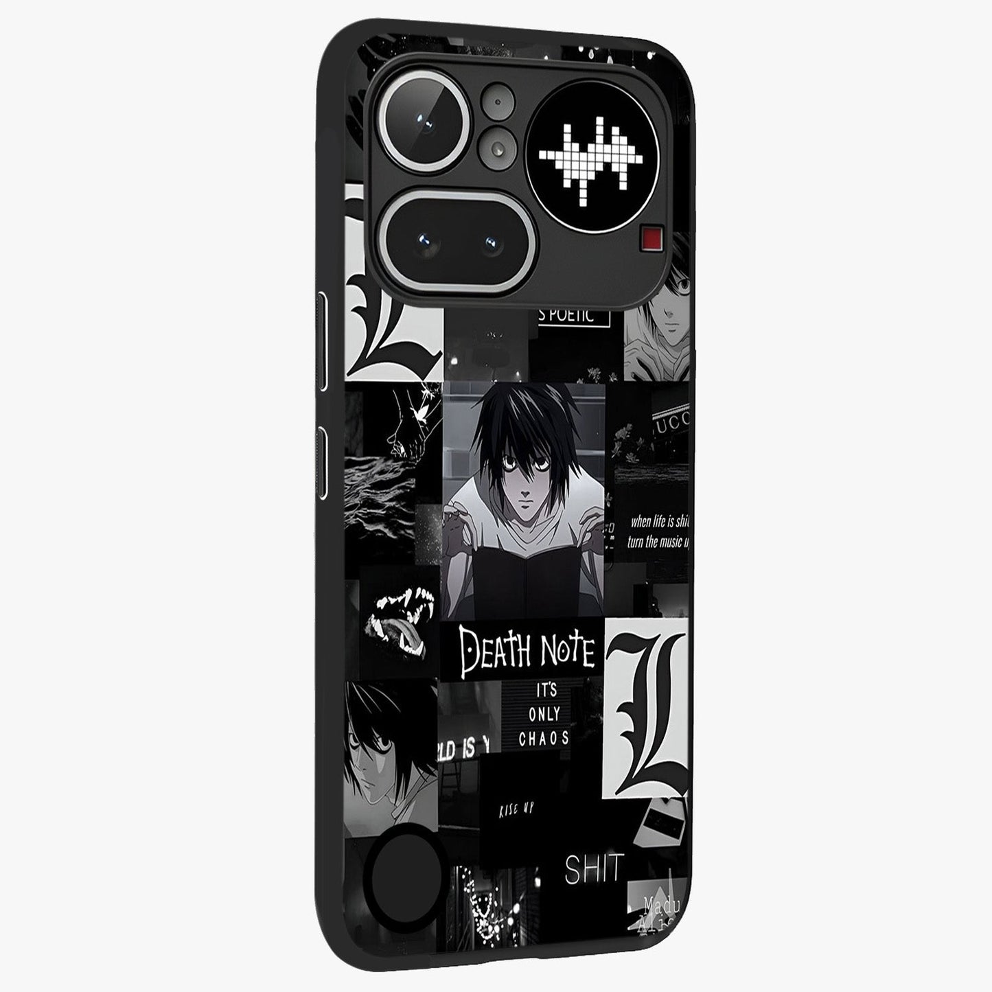 Midnight Chaos Mind Glass Case upright view showcasing expressive abstract artwork with bold dark theme.