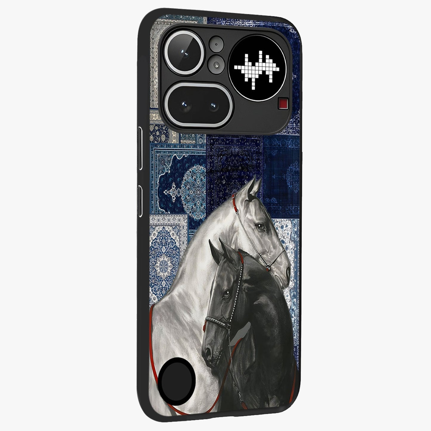 Midnight Stallion Blues Glass Case upright view showcasing dramatic horse artwork with bold artistic theme.