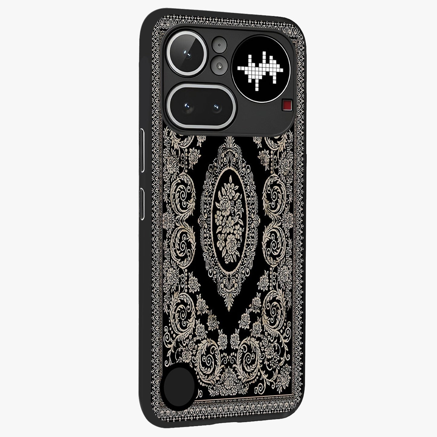 Noir Bloom Elegance Glass Case upright view showcasing graceful floral artwork with luxurious dark theme.