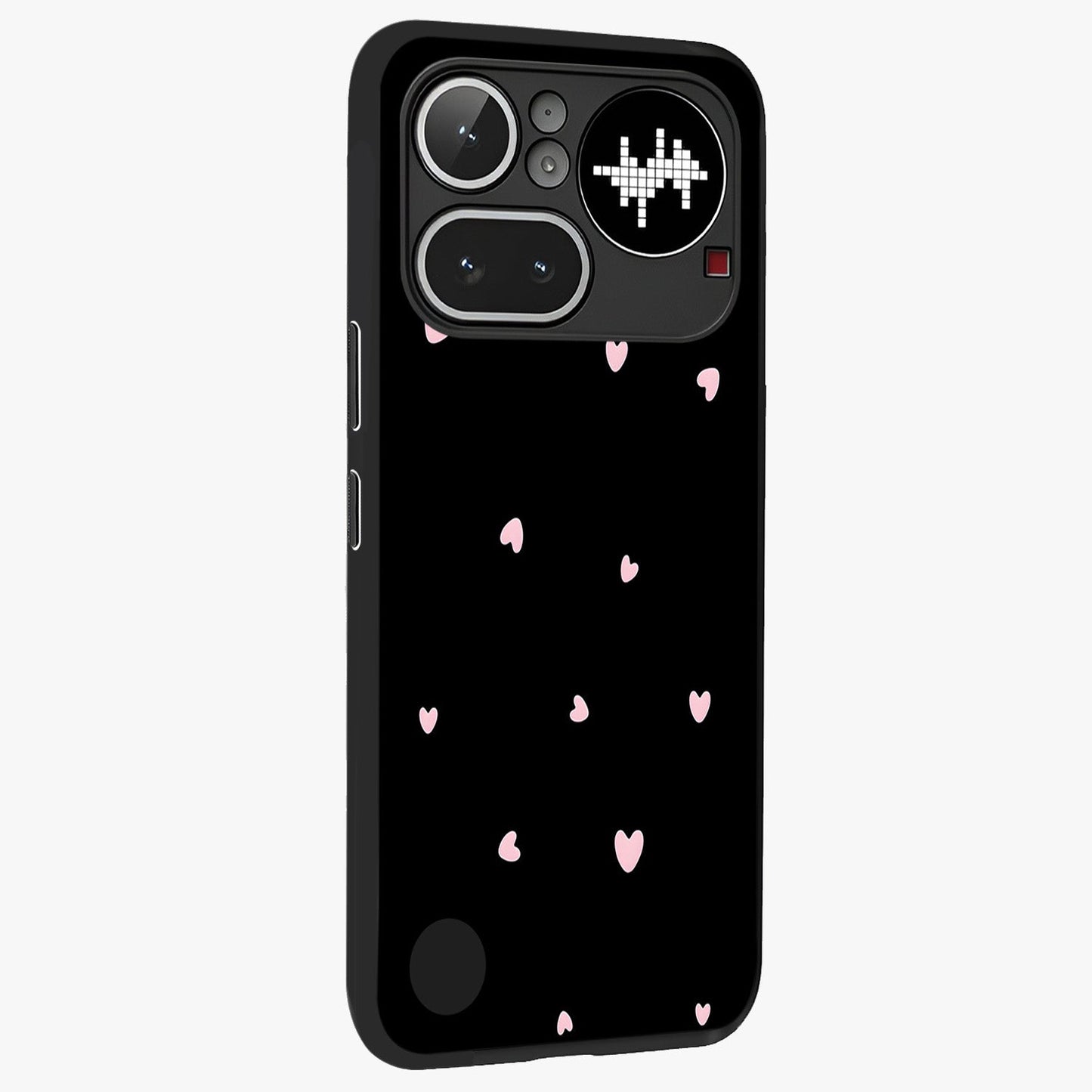 Pink Love Drops Glass Case upright view showcasing charming heart drop artwork with romantic playful theme.