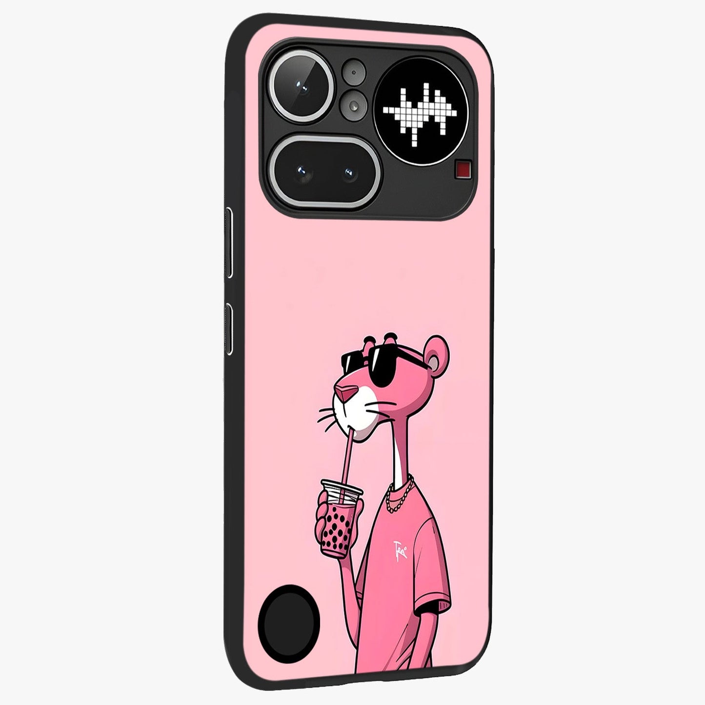 Pink Panther Glass Case upright view showcasing fun animated artwork with stylish retro cartoon theme.