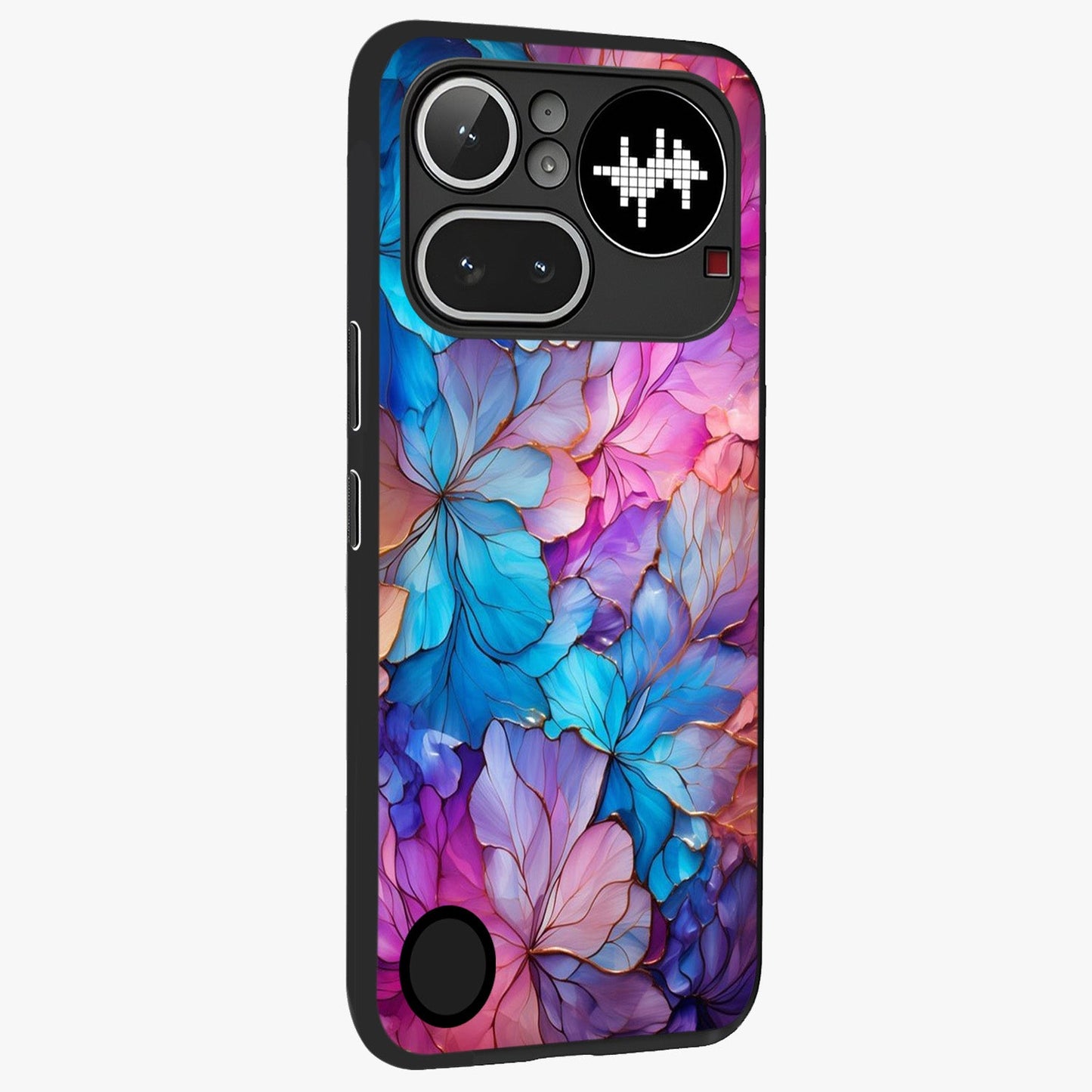 Radiant Floral Whirl Glass Case upright view showcasing lively floral artwork with decorative swirl theme.