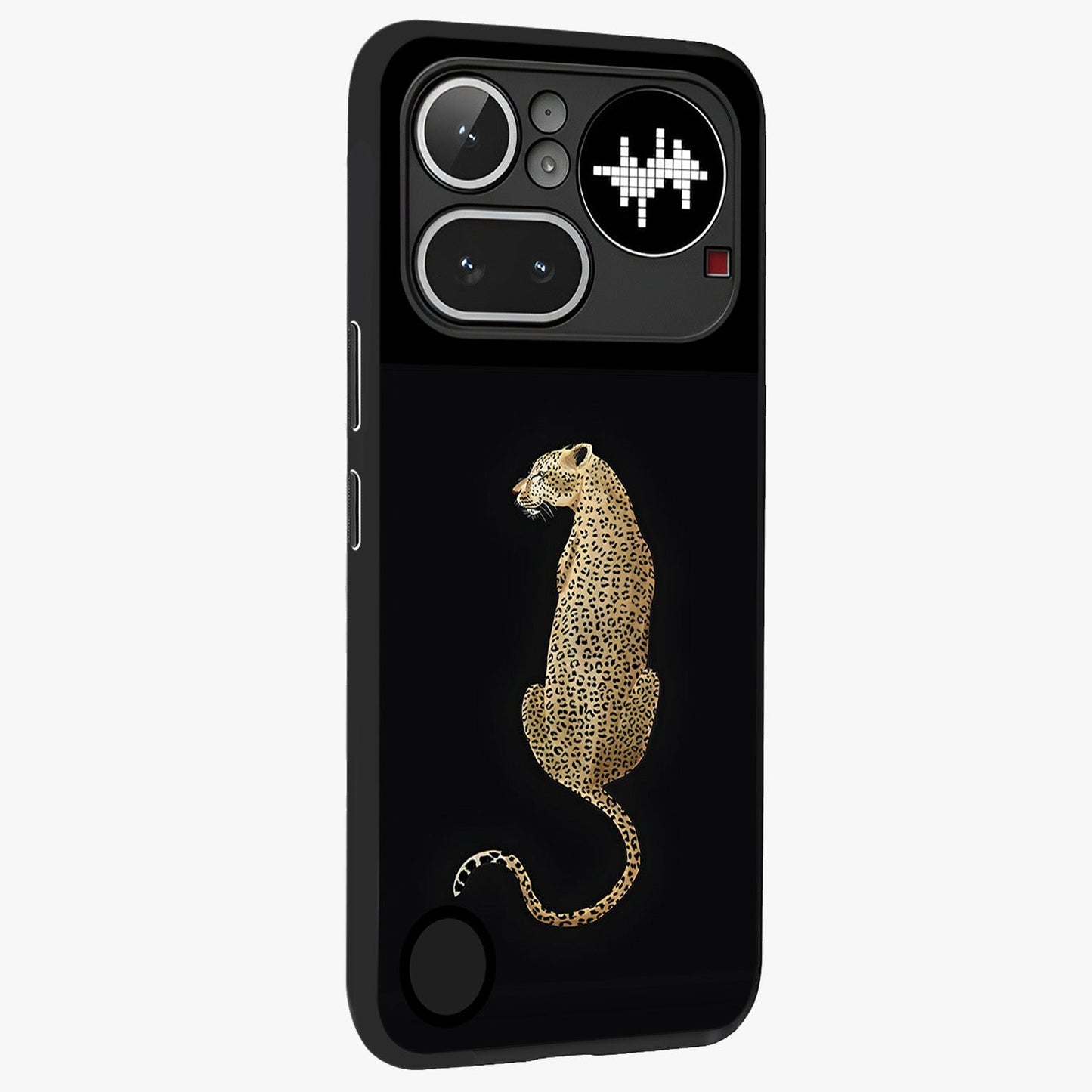 Regal Leopard Glass Case upright view showcasing striking leopard artwork with fierce wildlife theme.