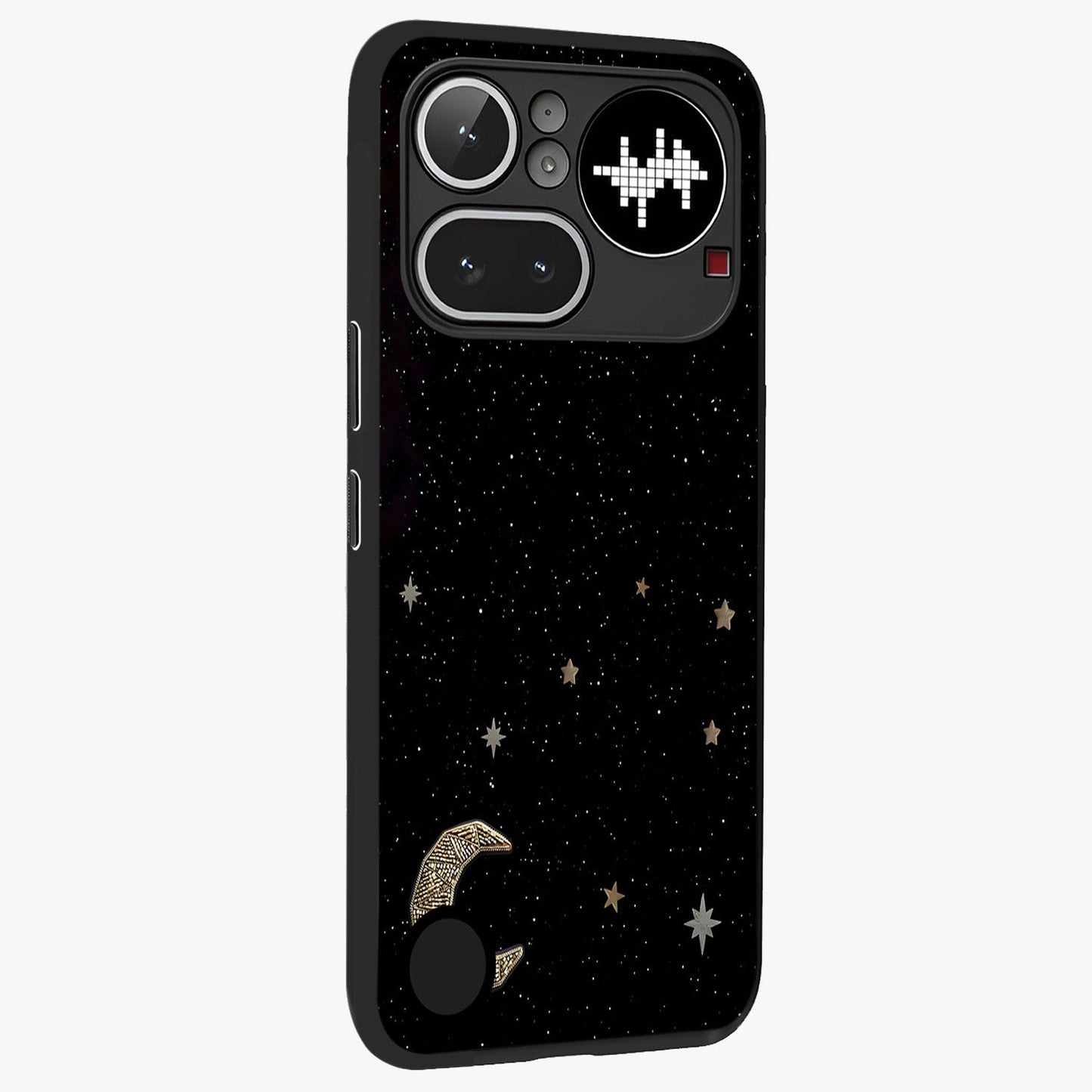Twinkle Star With Half Moon Glass Case upright view showcasing glowing cosmic artwork with dreamy night theme.