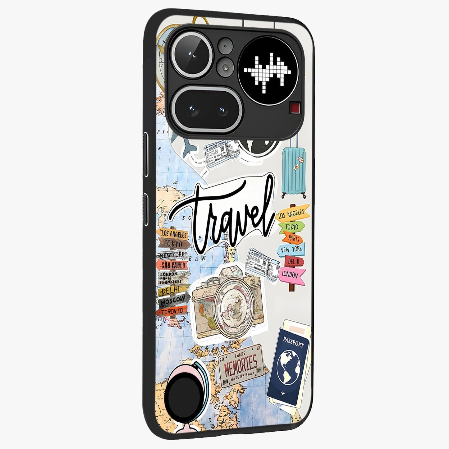 Wanderlust Journal Glass Case upright view showcasing wanderlust inspired artwork with creative exploration theme.