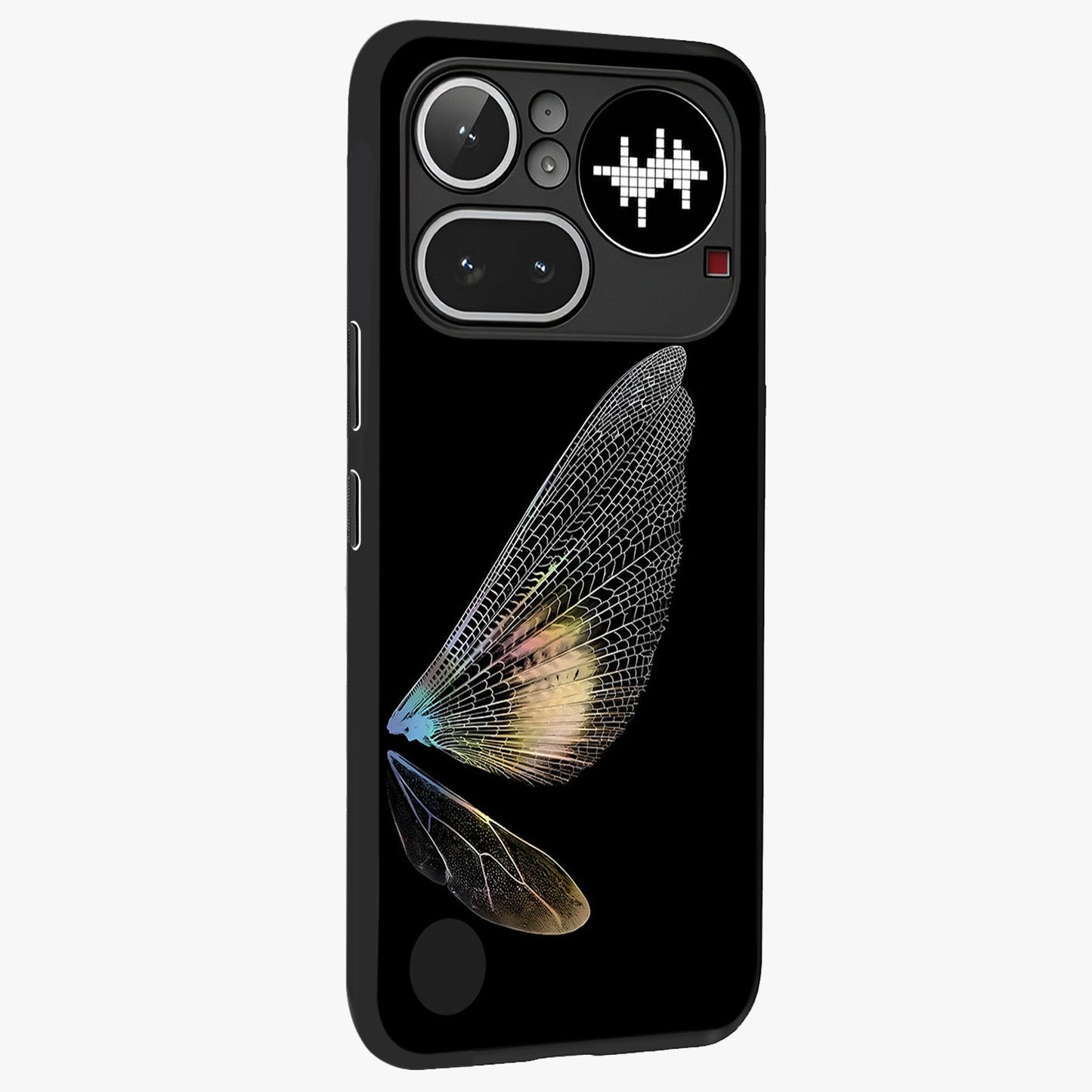 Whispers Of Wings Glass Case upright view showcasing elegant wing artwork with light airy theme.