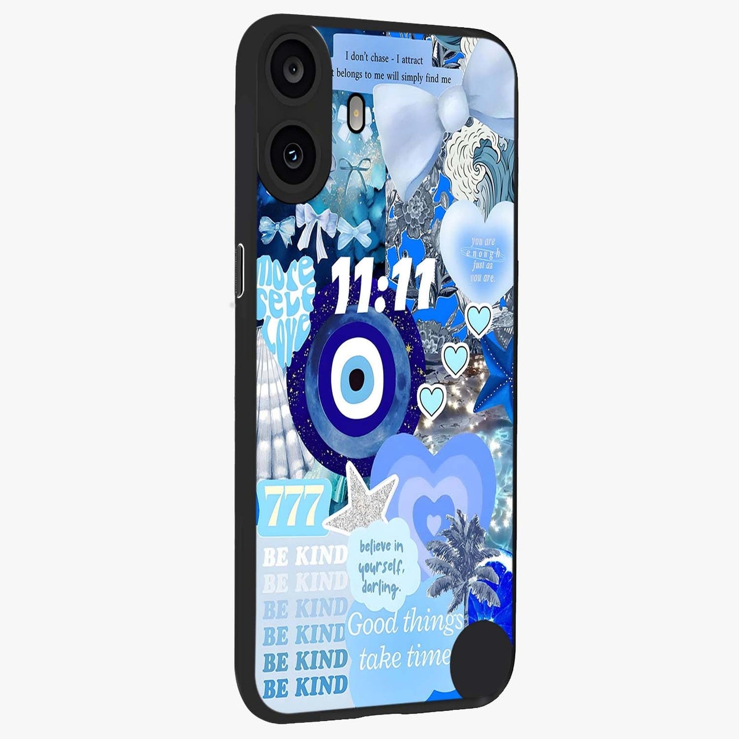 Aesthetic Be Kind Eye Glass Case upright view showcasing stylish eye illustration with positive message theme.