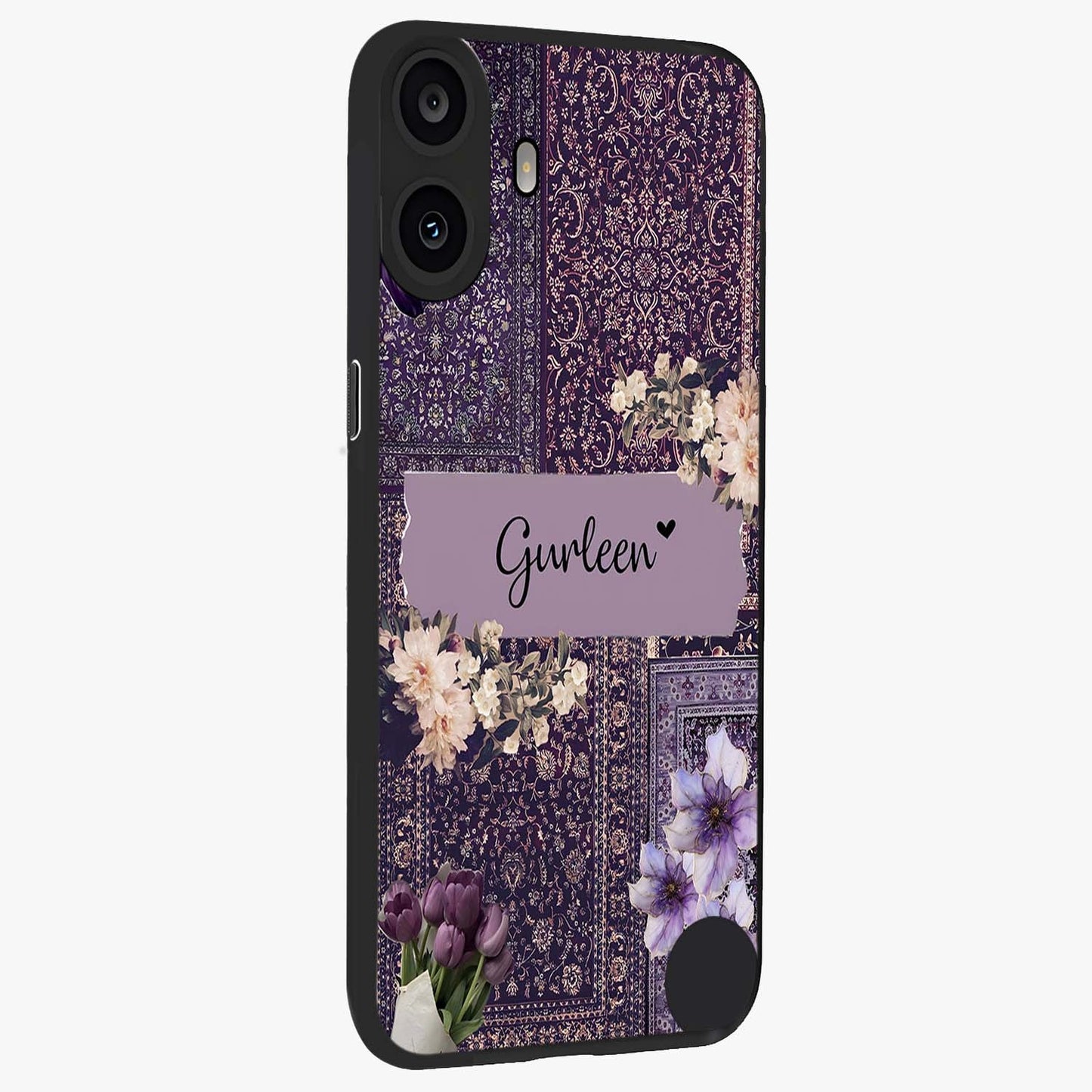 Antique Floral Whisper Custom Name Glass Case upright view showcasing delicate floral artwork with custom name feature.