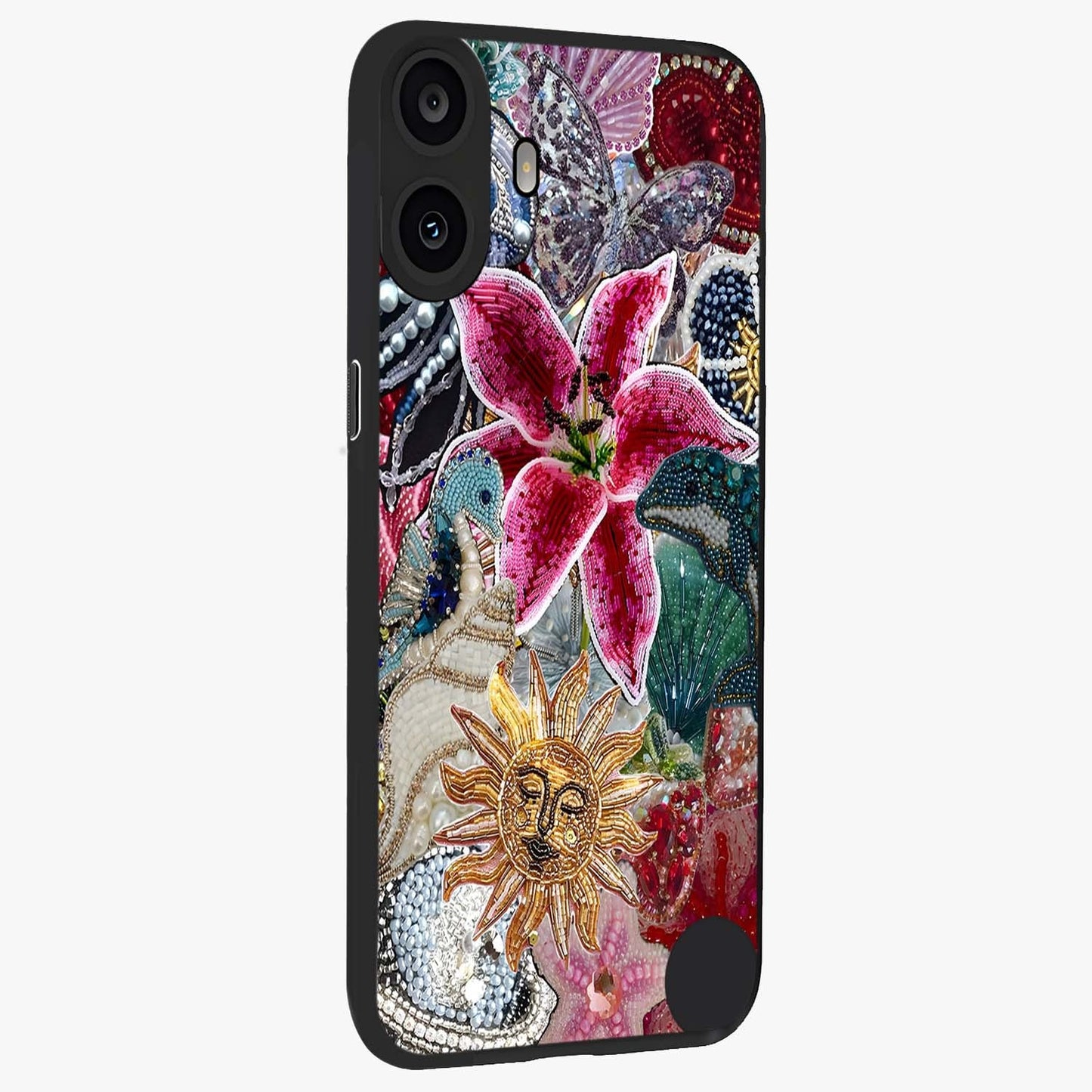 Beaded Garden Fantasy Glass Case upright view showcasing whimsical garden aesthetic with artistic bead details.