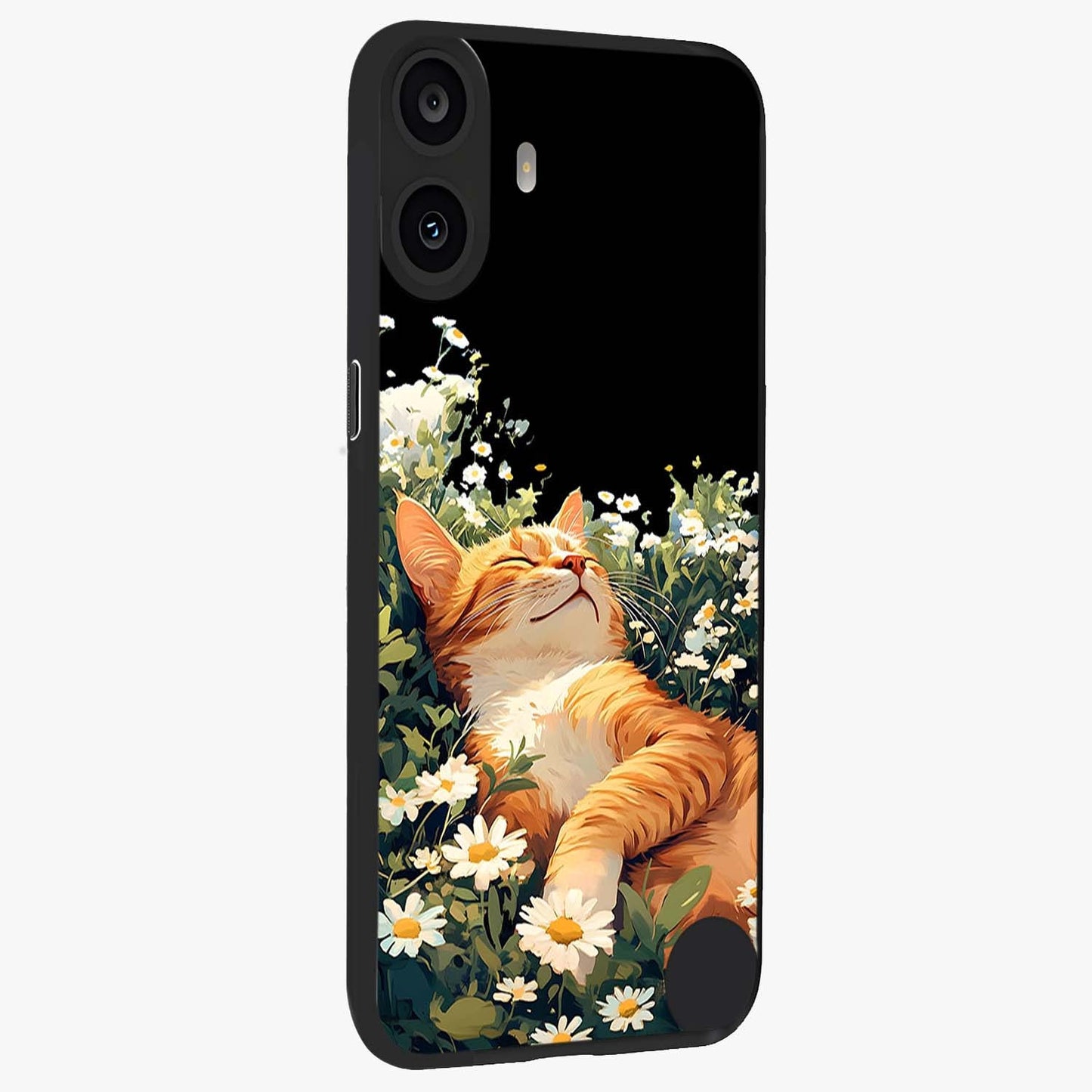 Blissful Bloom Cat Glass Case upright view showcasing charming cat design surrounded by blooming floral elements.